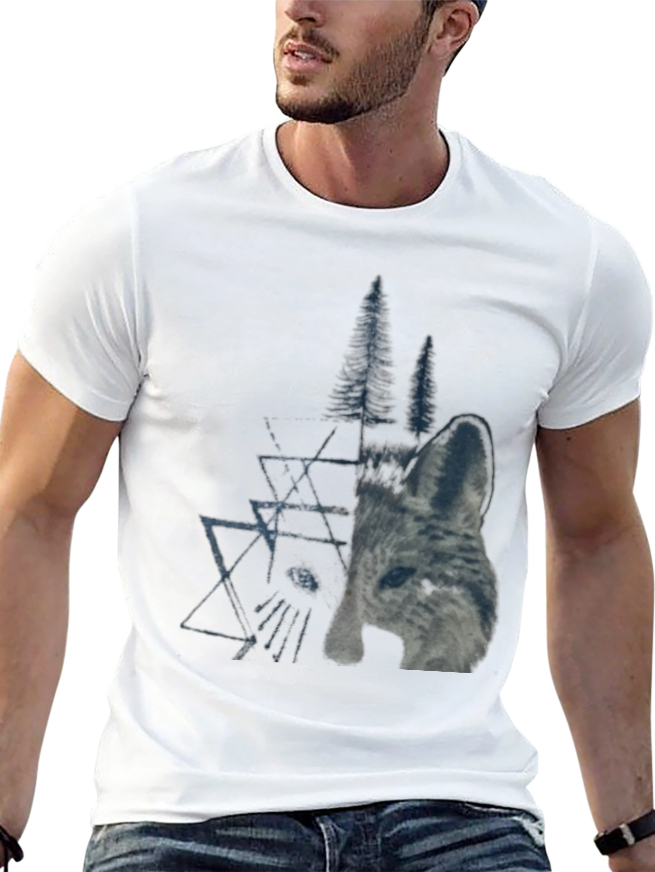 Black Geometric Wolf & Trees Graphic Tee - Black view 13