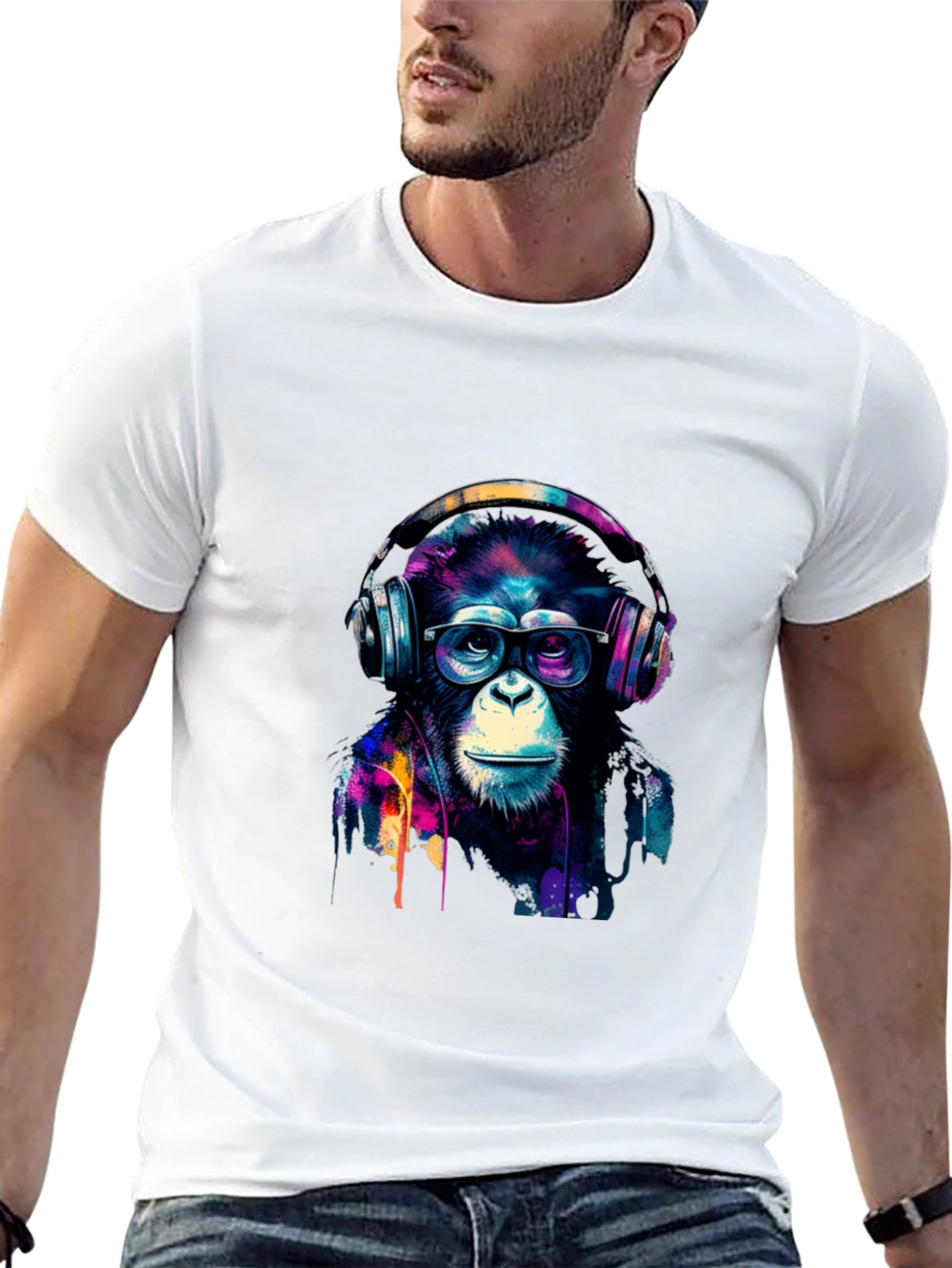 Black Cool Monkey Headphone Graphic Black T-Shirt view 13