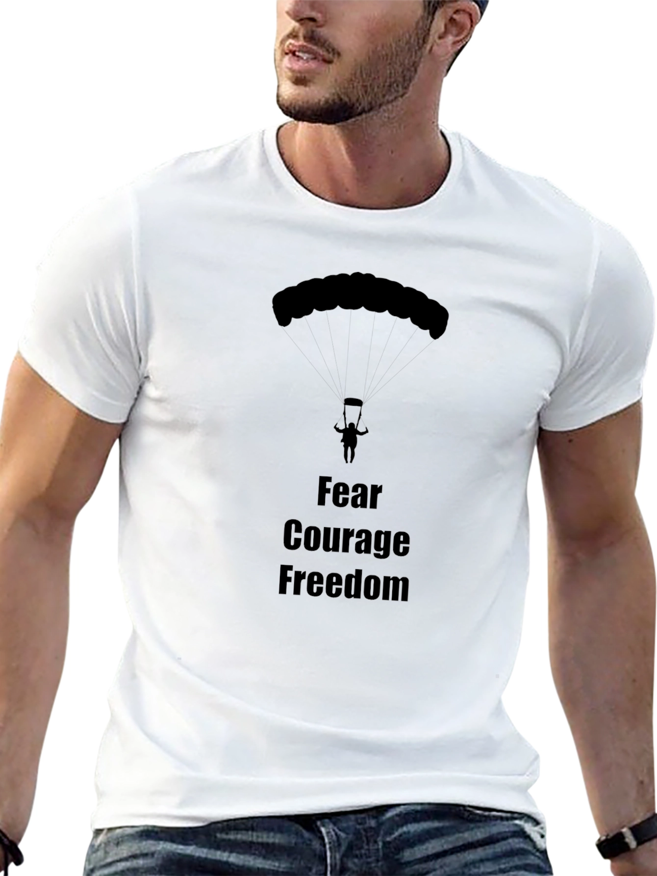Black Fear Courage Freedom Skydiving Graphic T-Shirt view 13