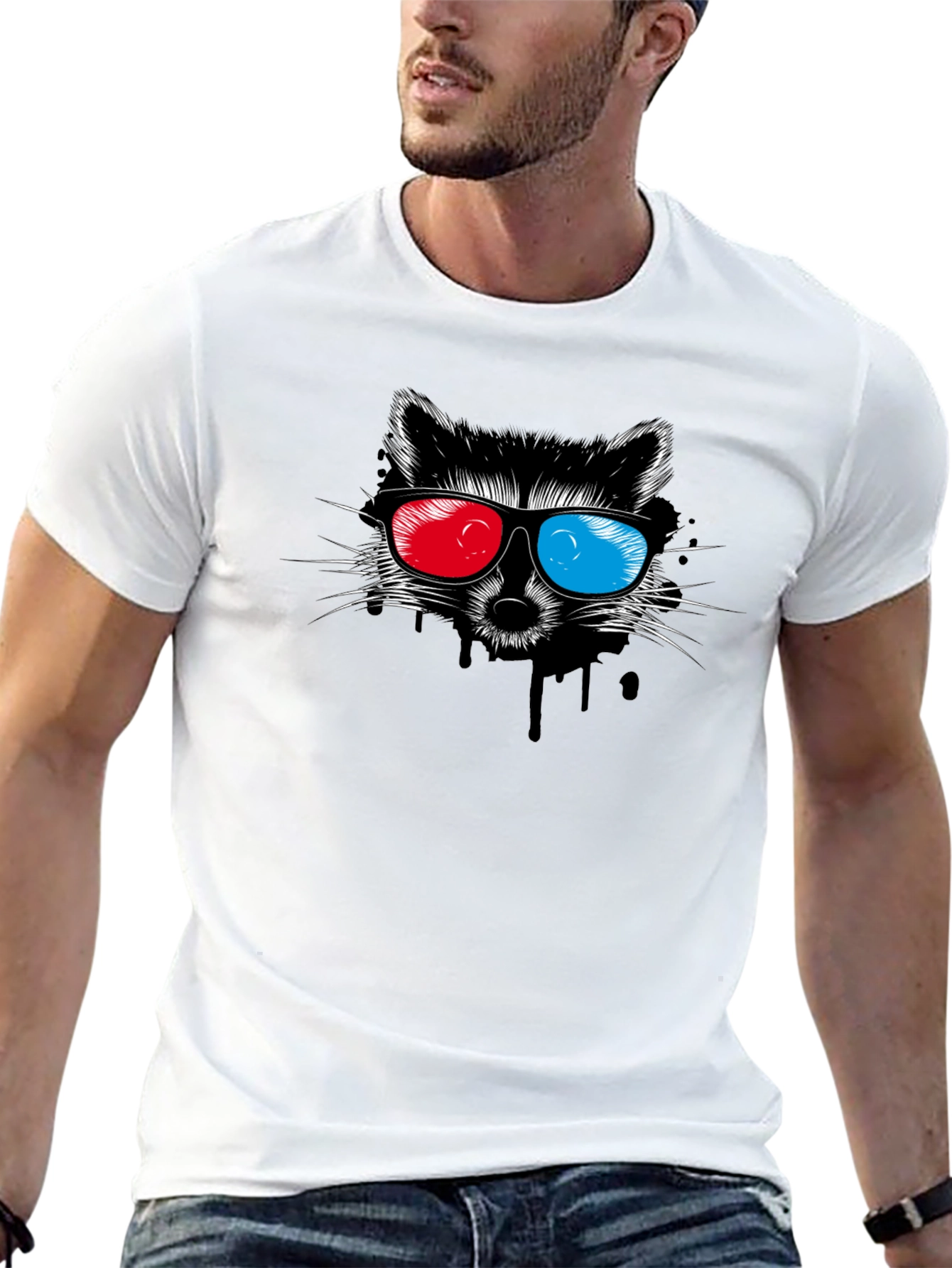 Black Cool Raccoon 3D Glasses Graphic Black T-Shirt view 13