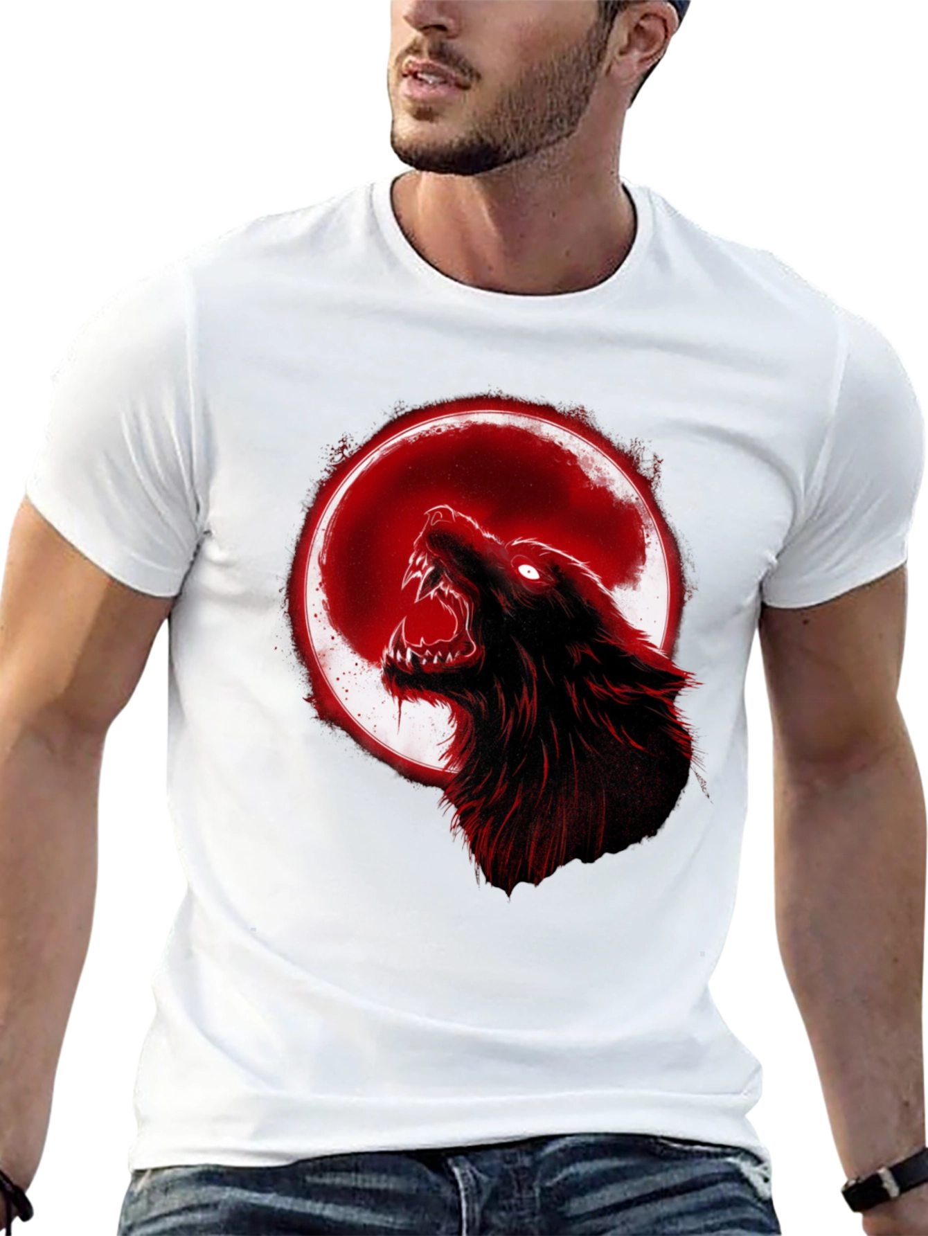 Black Full Moon Wolf Graphic Tee - Black Cotton T-Shirt view 13