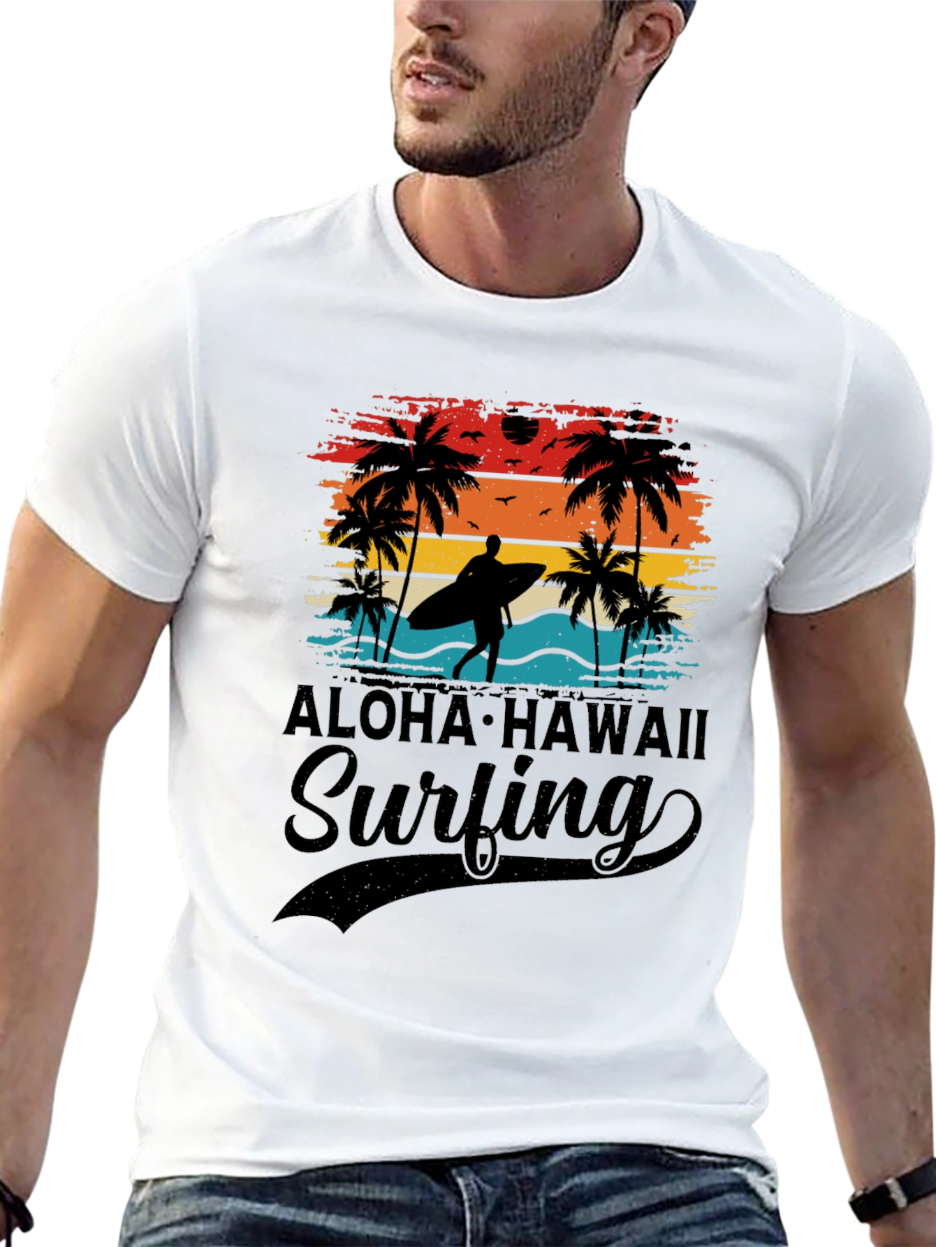 Black Aloha Hawaii Surfing T-Shirt Palm Tree Sunset Tee view 13