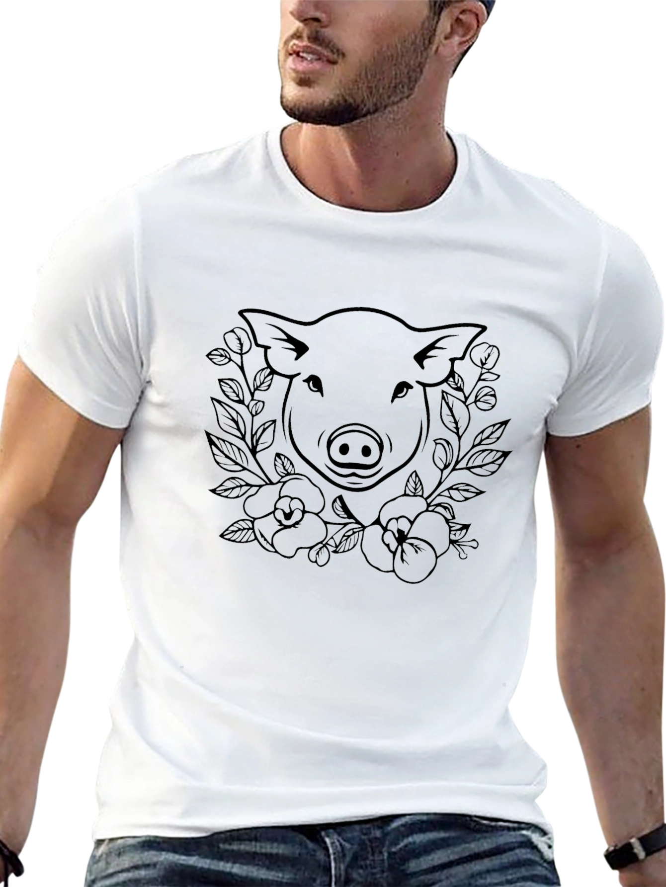 Pig Floral Graphic Tee - Black Cotton T-Shirt - 13