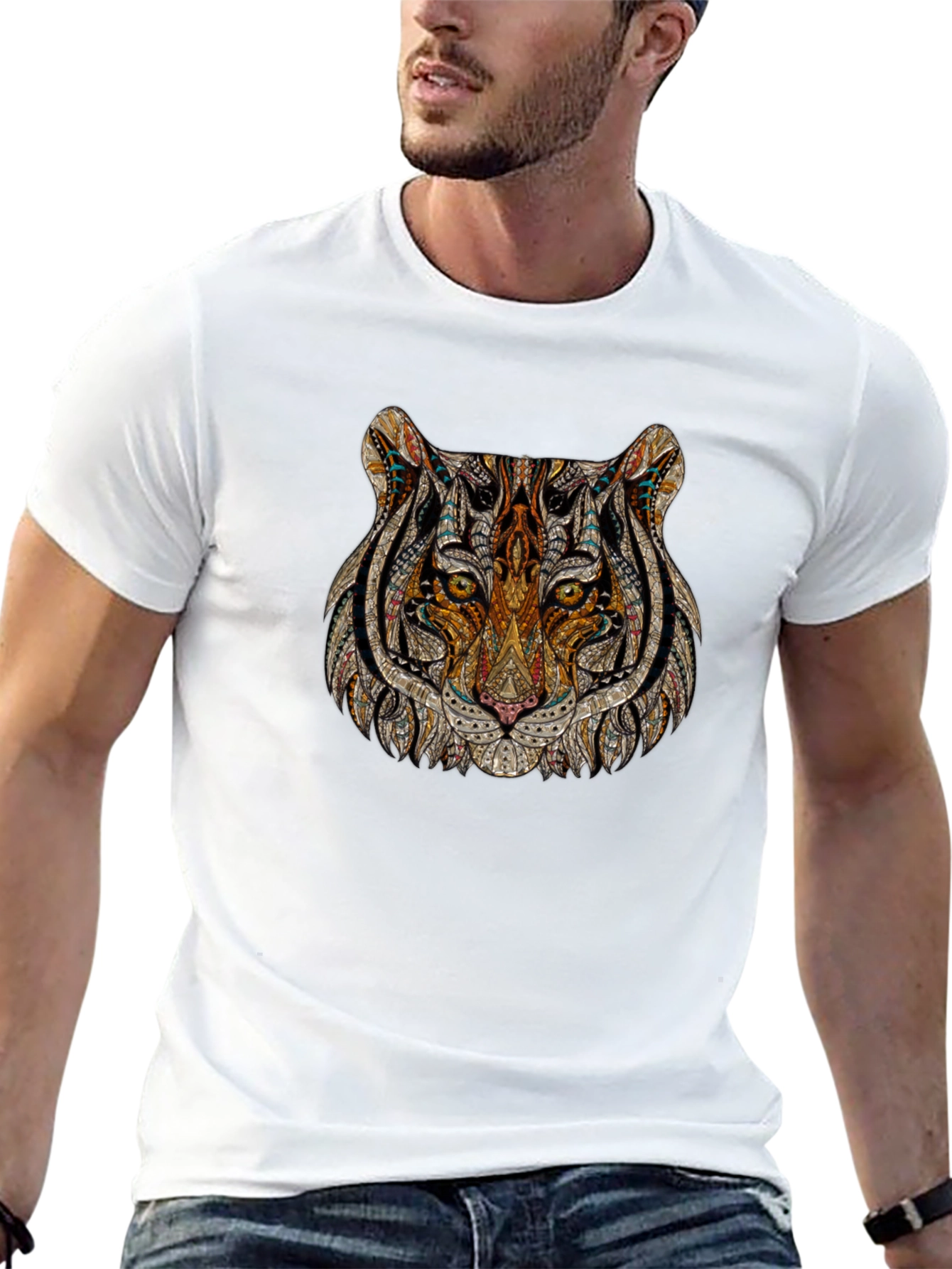 Black Intricate Tiger Head Graphic Print Black T-Shirt view 13