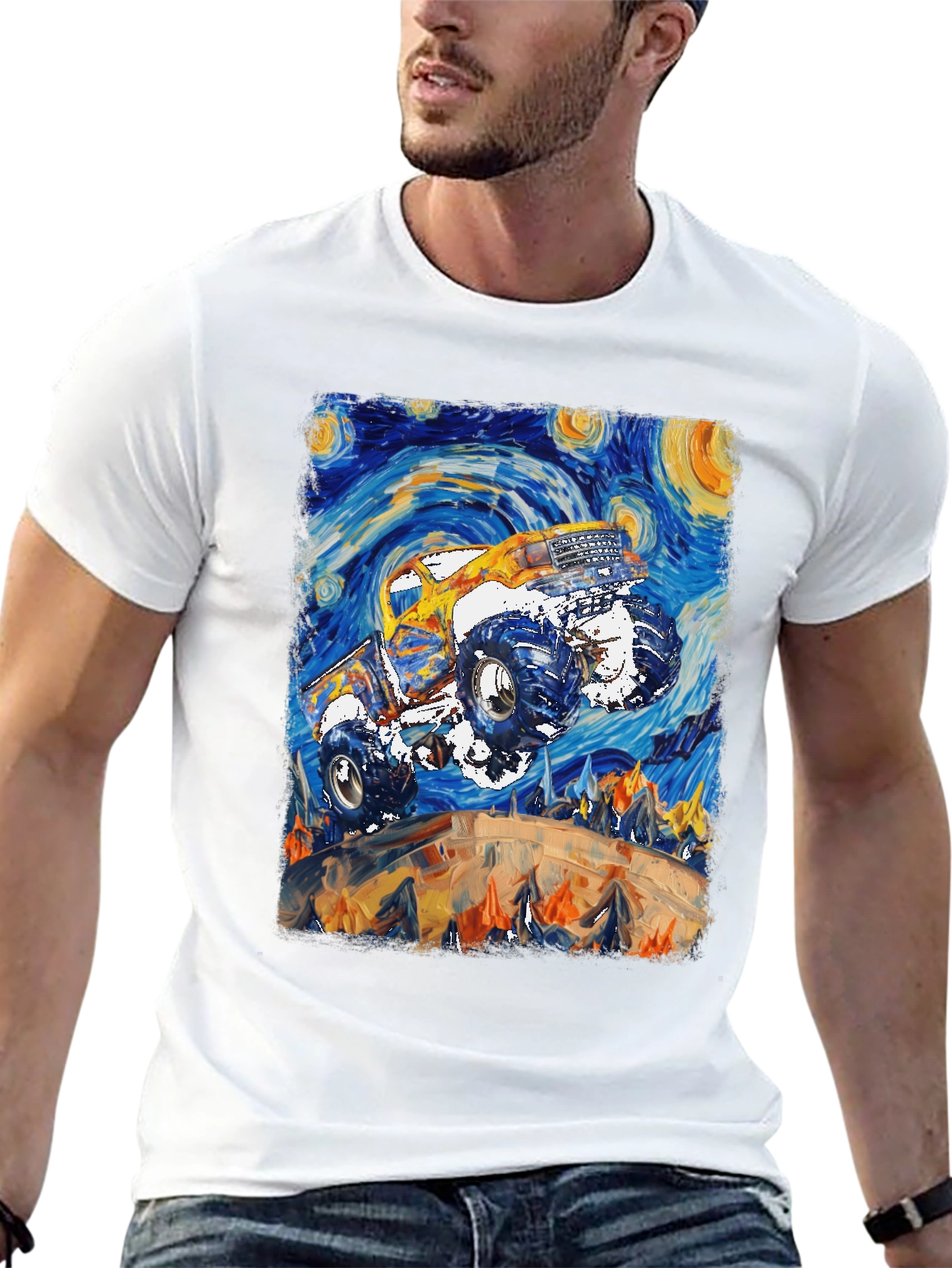 Black Monster Truck Starry Night Art Graphic T-Shirt view 13