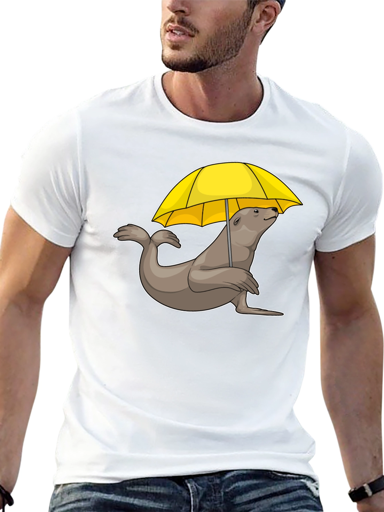 Black Seal with Umbrella T-Shirt - Black Cotton Tee view 13