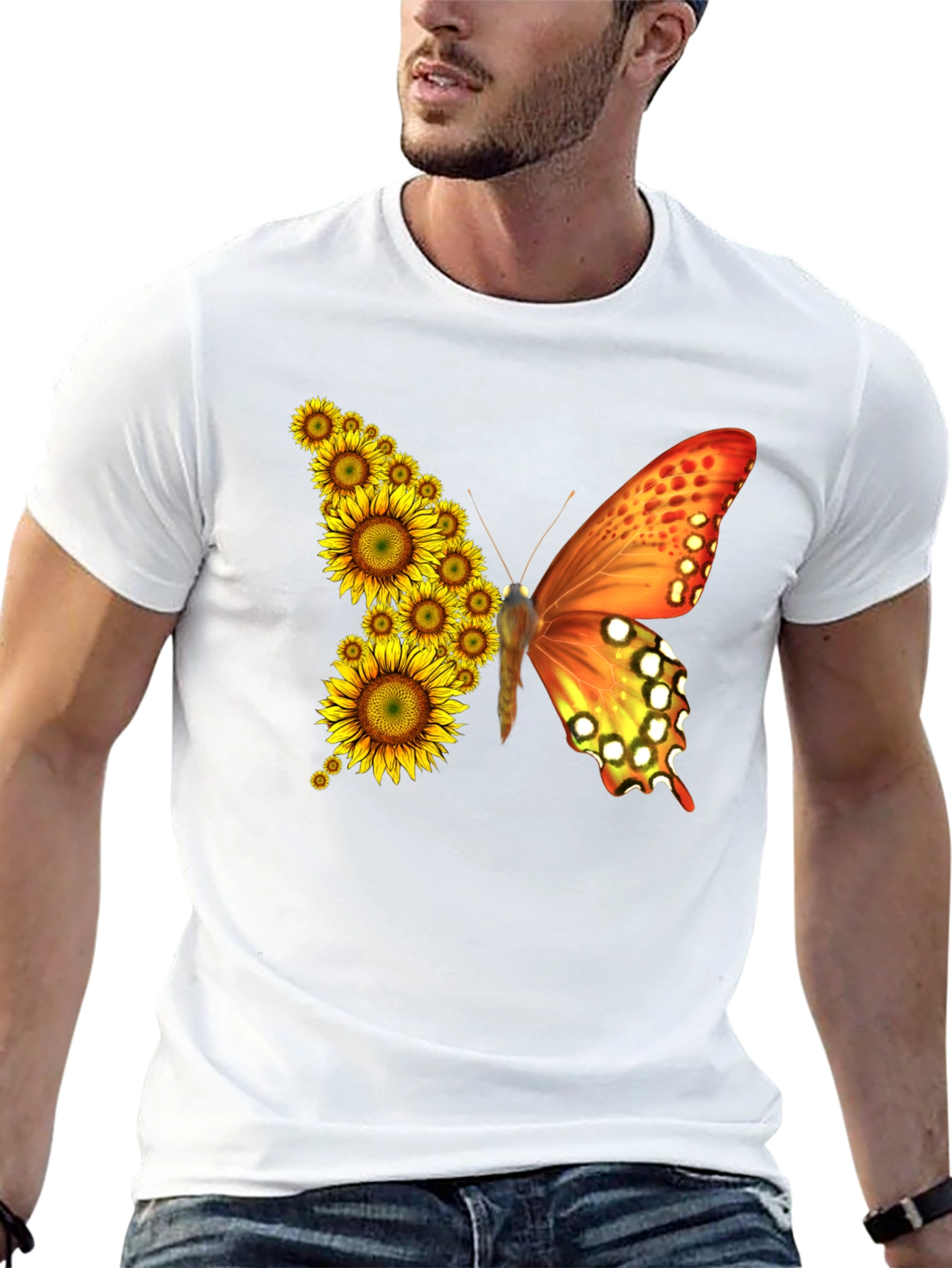 Sunflower Butterfly Graphic Tee - Black Cotton Blend Shirt - 13