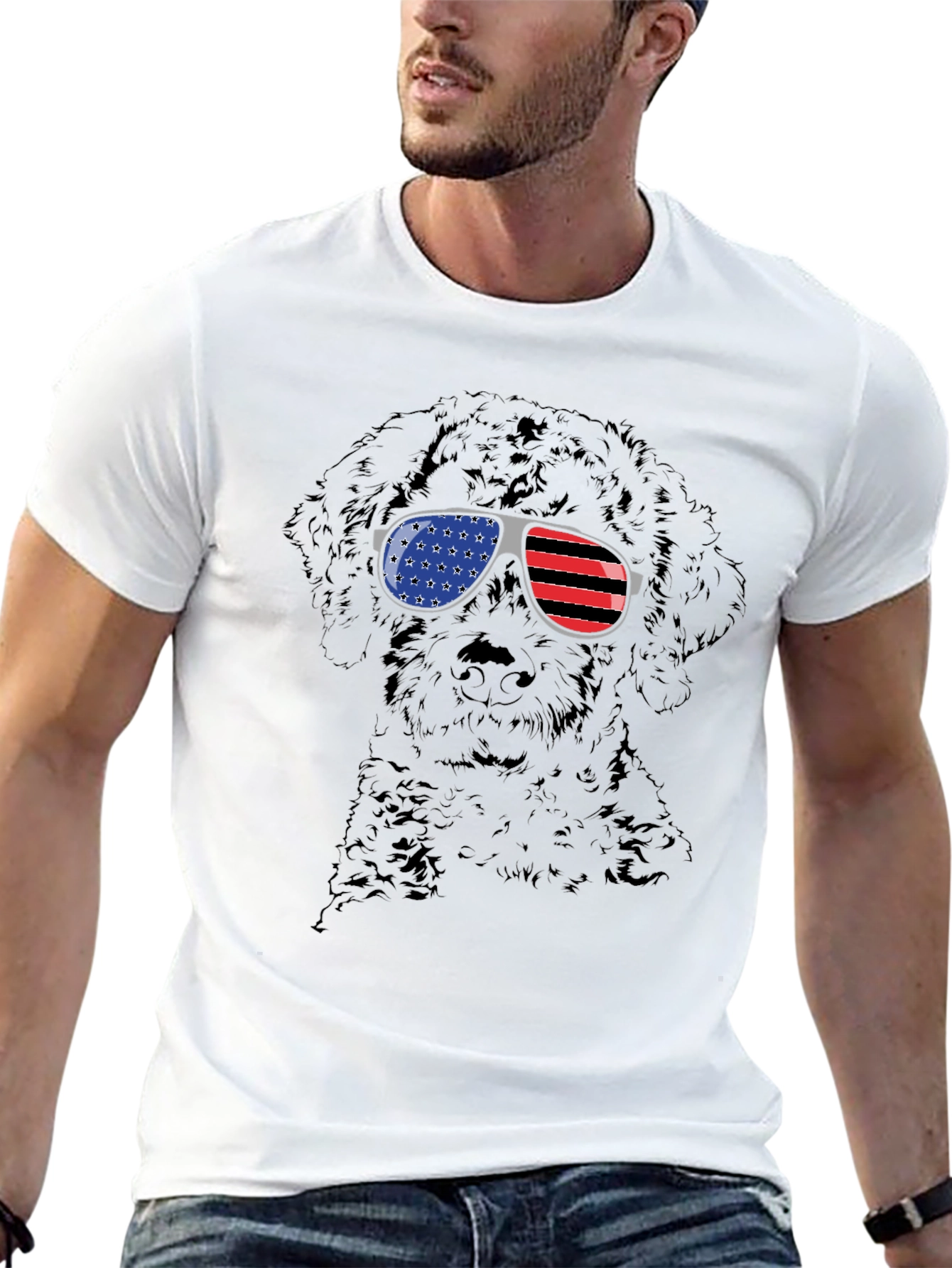 Black Cool Dog American Flag Sunglasses Black T-Shirt view 13