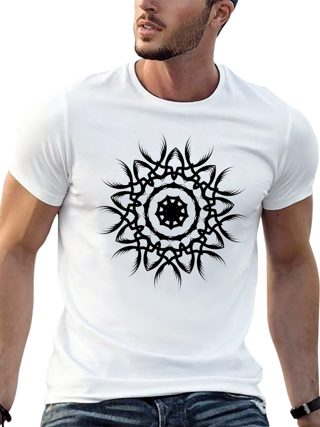 Black Men's Black Graphic Tee - Mandala Design view 13