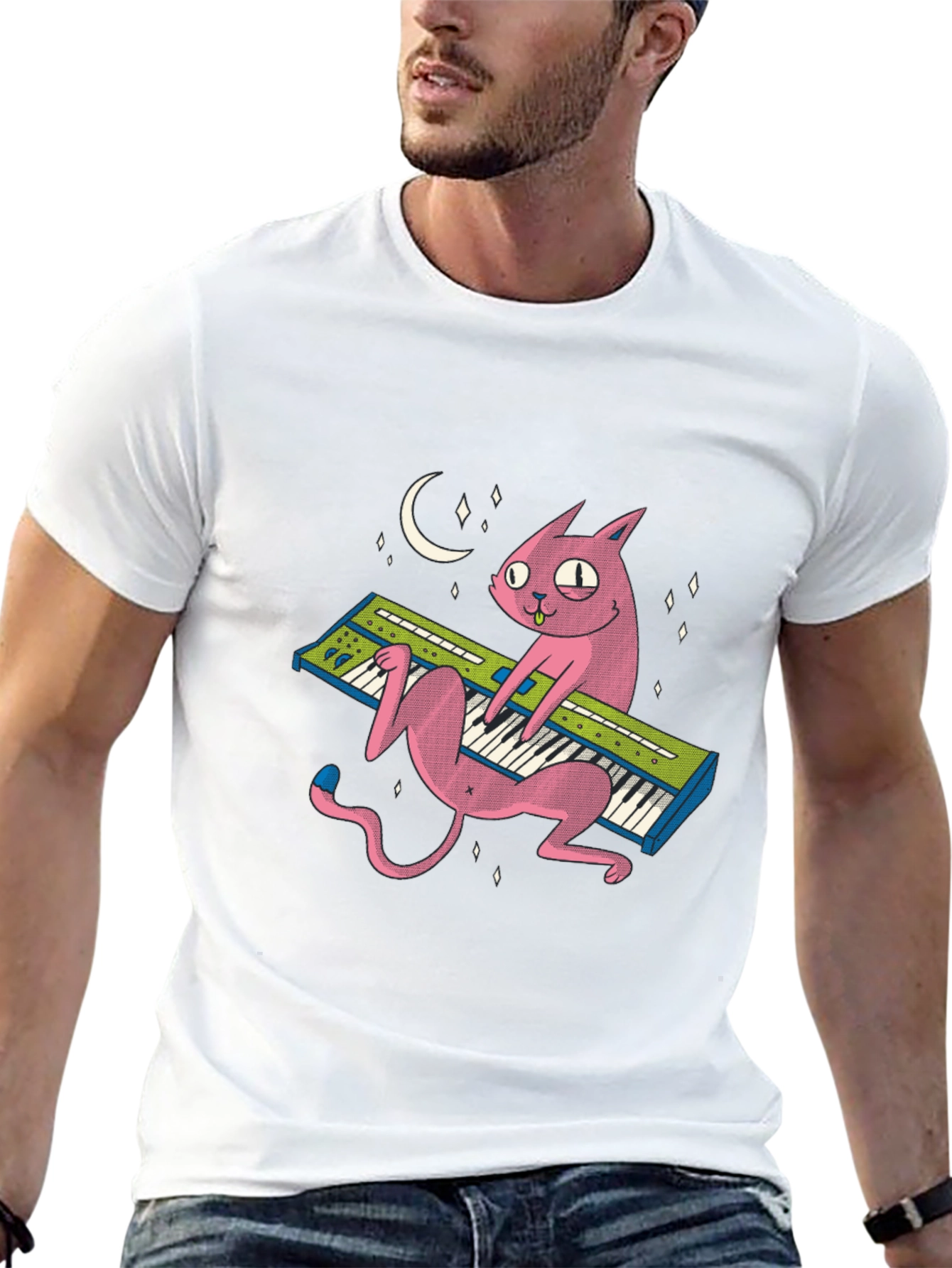 Black Funny Cat Playing Keyboard T-Shirt - Unique Graphic Tee view 13