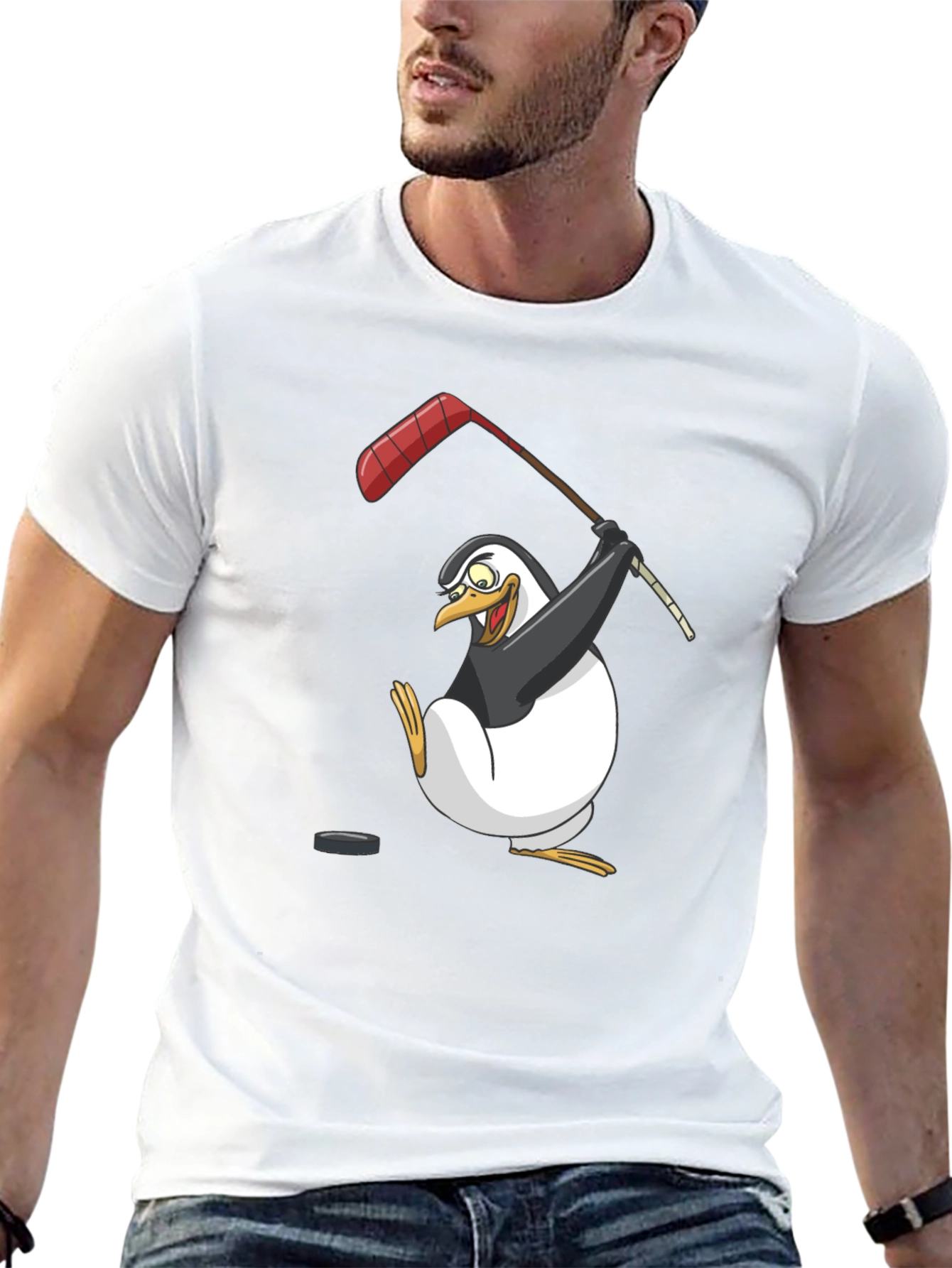 Black Penguin Hockey Player Graphic T-Shirt view 13