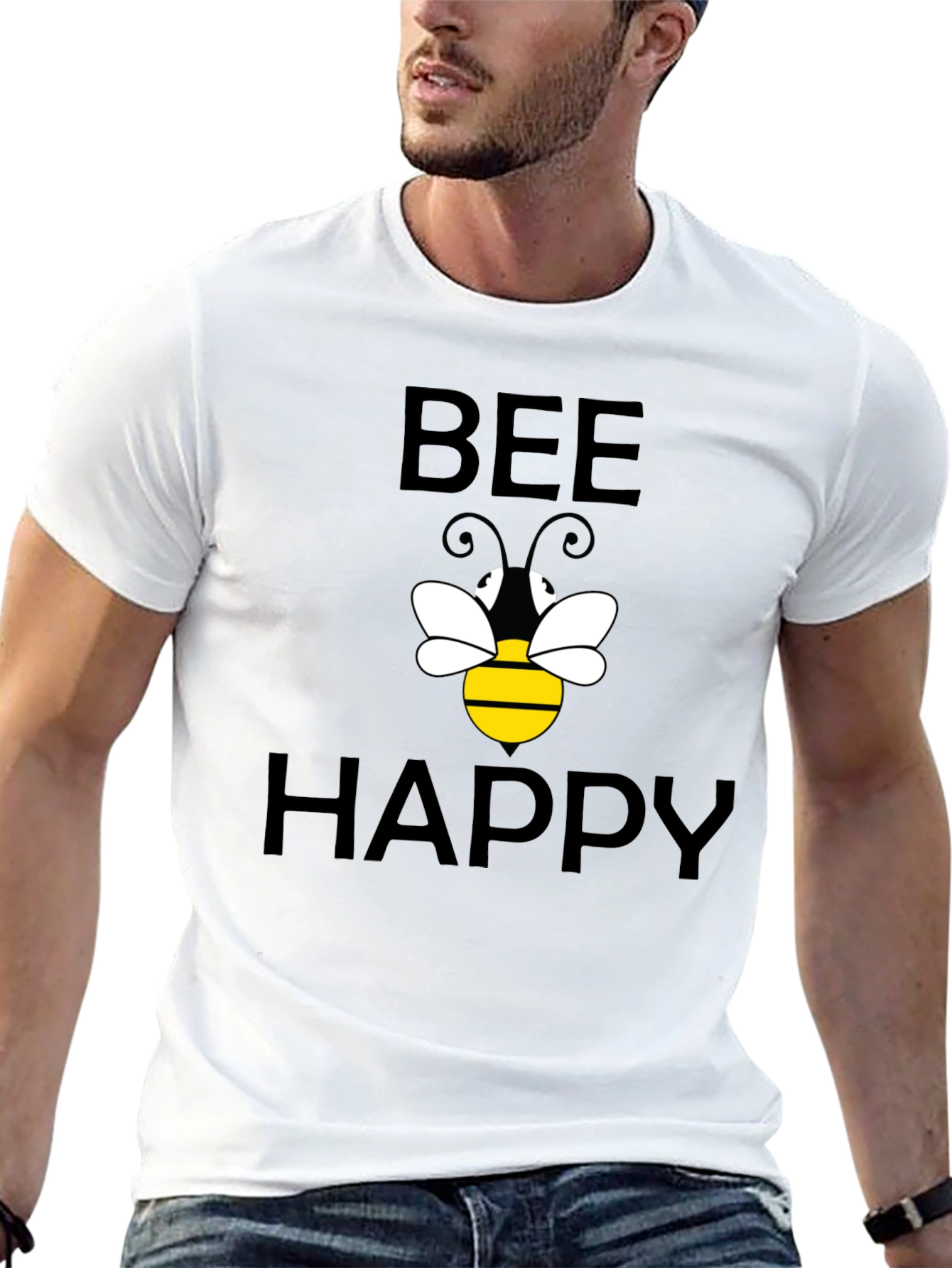 Black Bee Happy Graphic T-Shirt - Black Cotton view 13