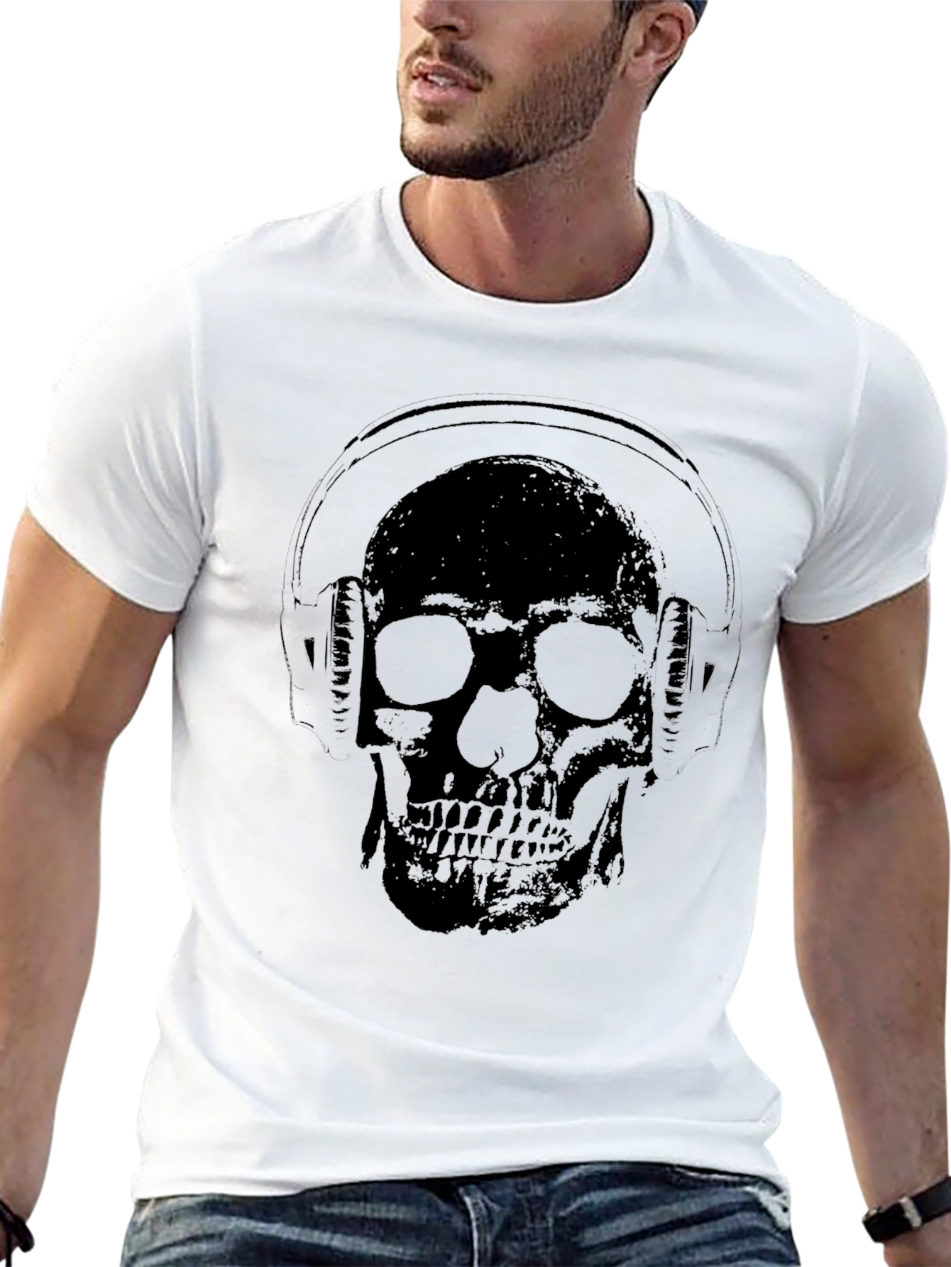 Black Skull Wearing Headphones Graphic Tee - Black view 13