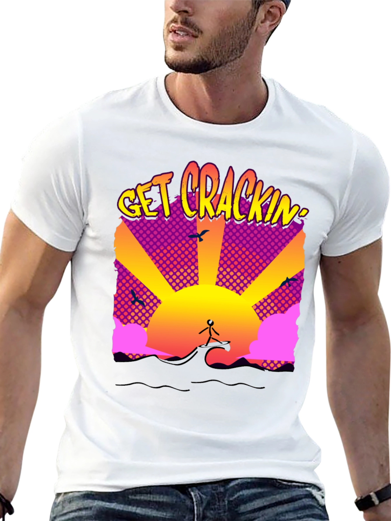 Black Get Crackin' Graphic T-Shirt - Surfing Sunrise view 13