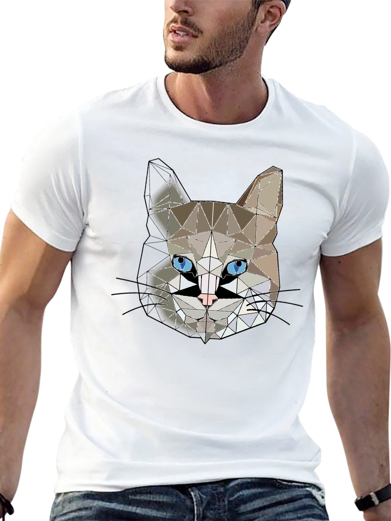 Black Geometric Cat Head Graphic Black T-Shirt view 13