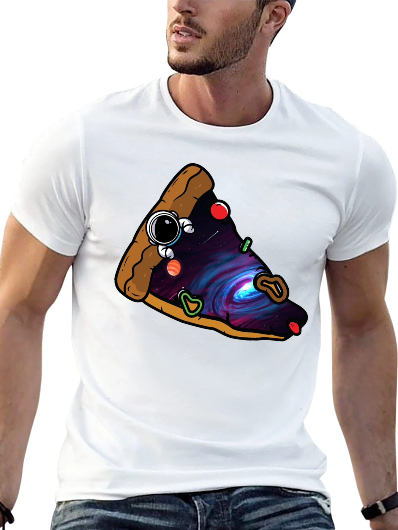 Black Cosmic Pizza Slice Graphic Tee - Unique Design view 13