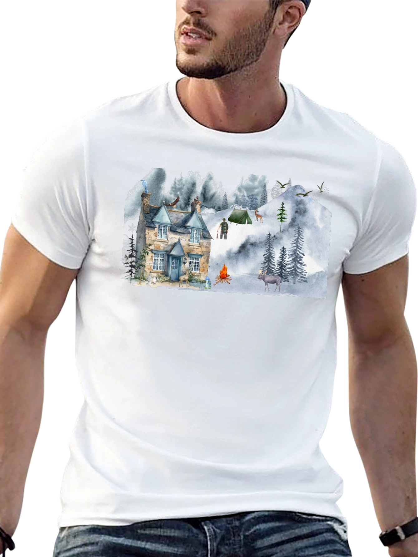 Black Cozy Cabin Mountain Scene Graphic T-Shirt view 13