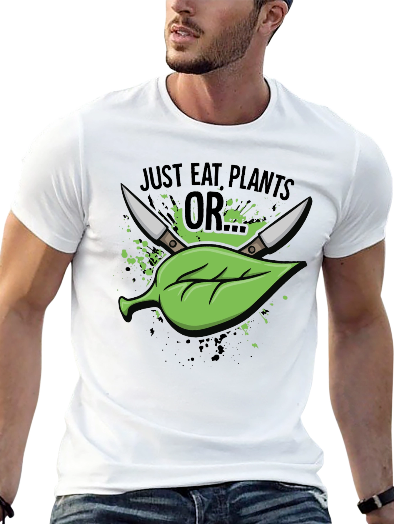Black Just Eat Plants OR T-Shirt - Vegan Humor view 13