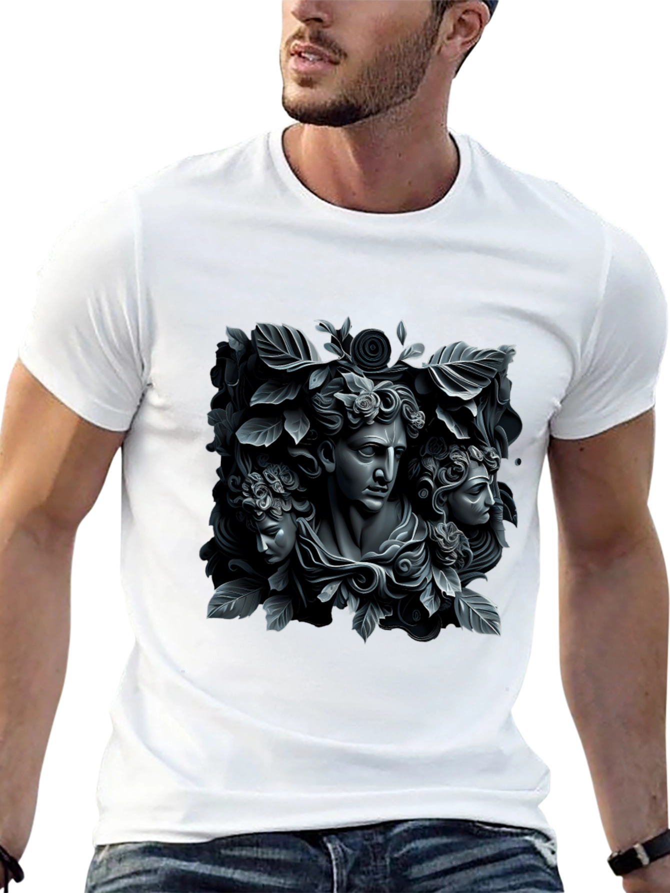 Black Ancient Art Tee: Floral Statue T-Shirt view 13