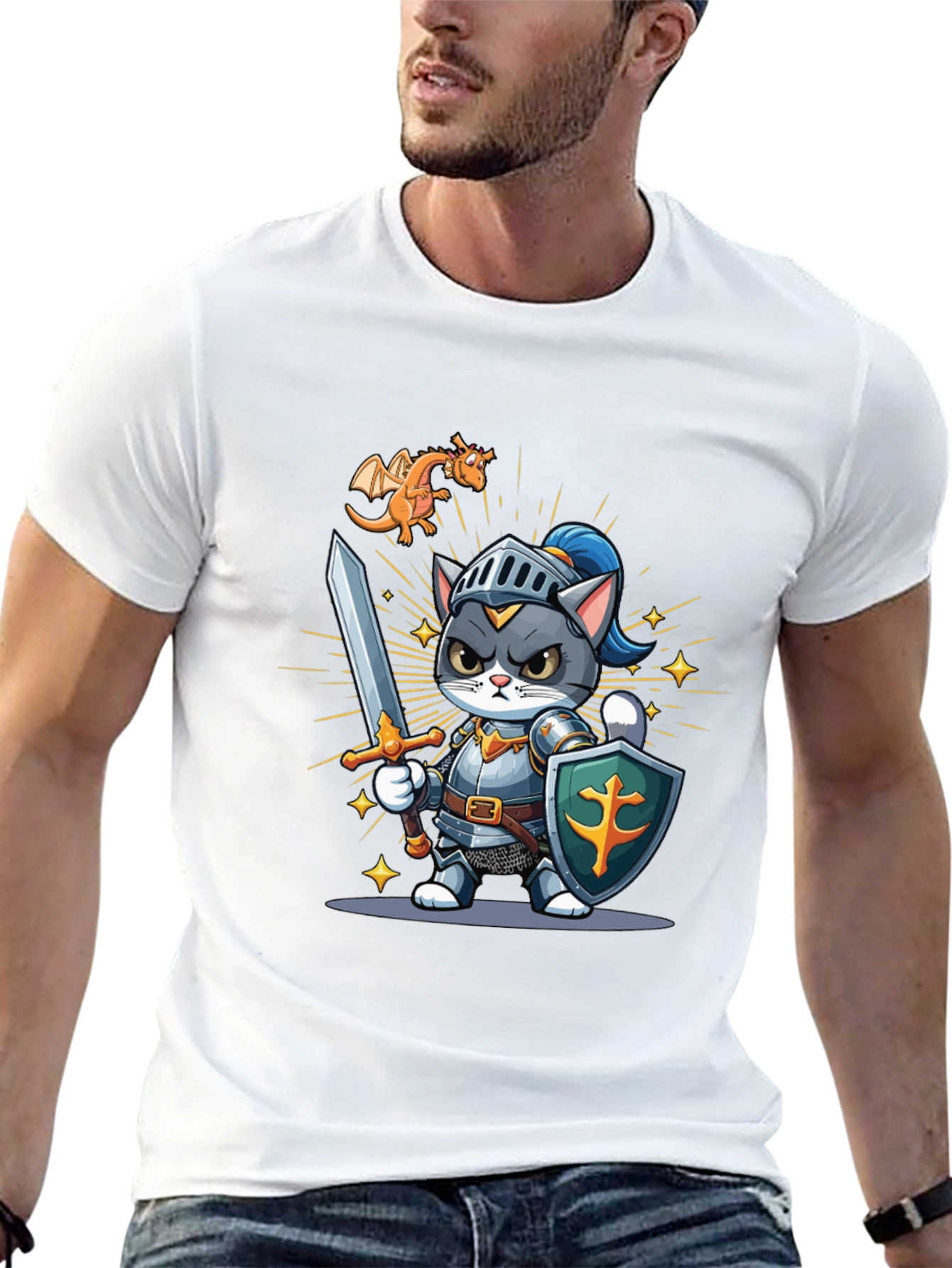 Black Cat Knight T-Shirt: Cartoon Medieval Warrior Tee view 13