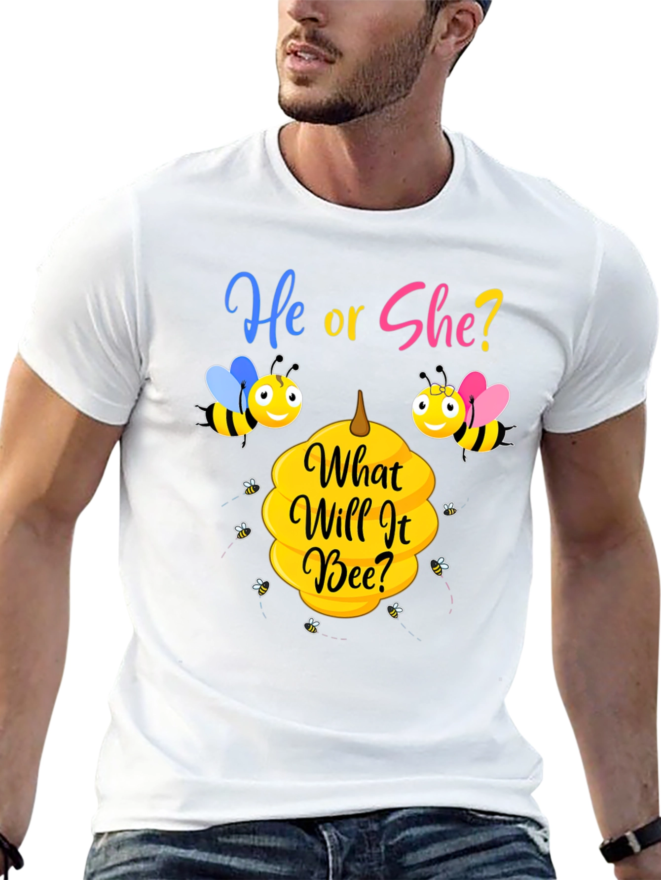 Black He or She Bee Gender Reveal T-Shirt view 13