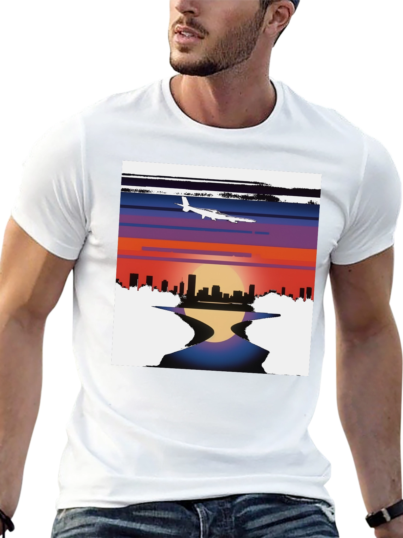 Black Sunset Airplane Cityscape Graphic Tee view 13