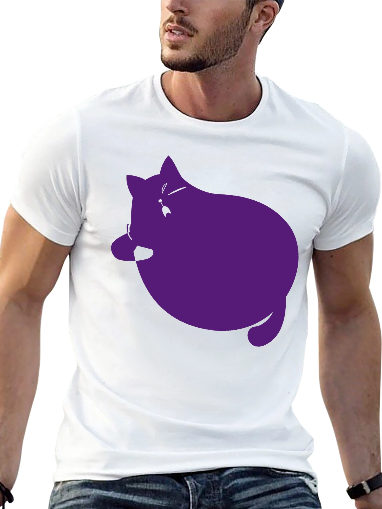 Black Men's Black T-Shirt with Purple Cat Graphic view 13