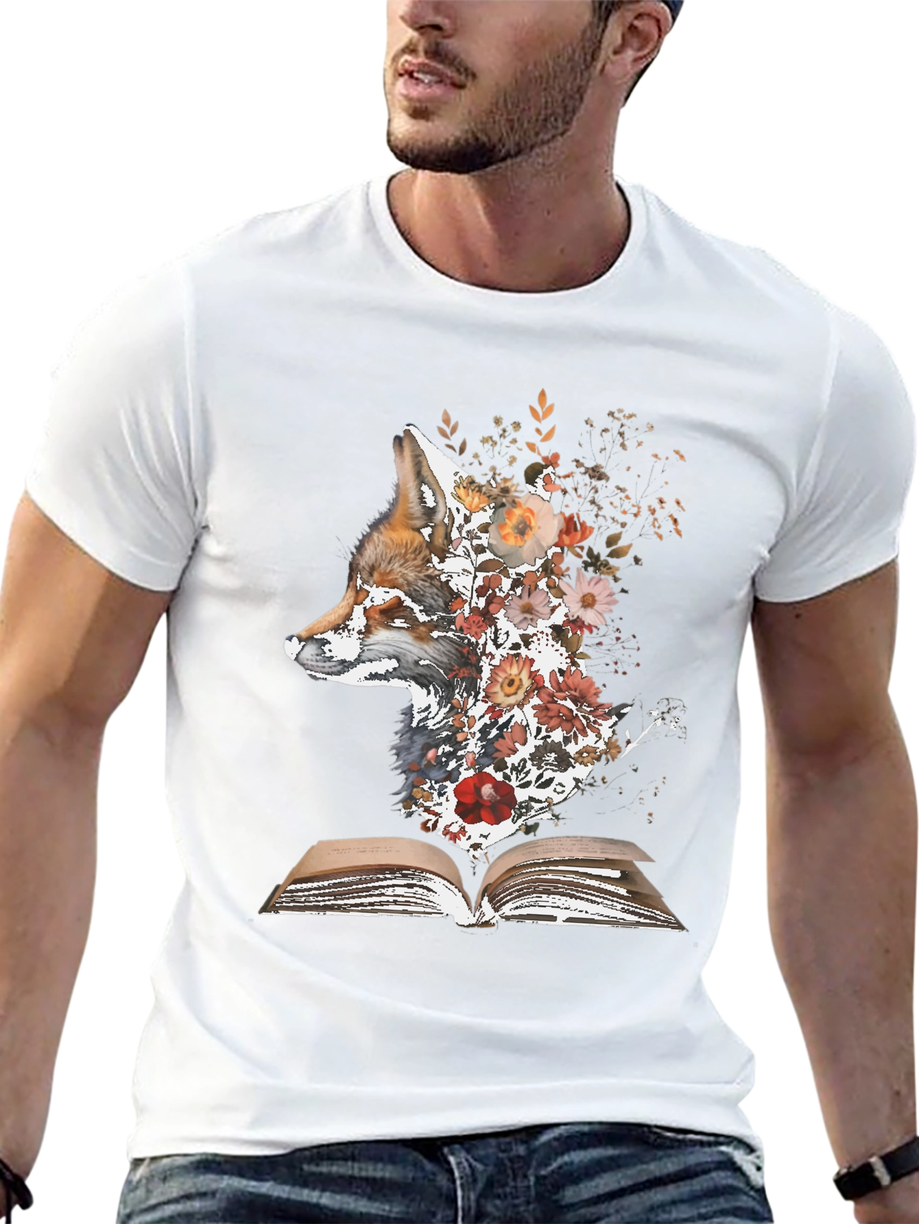 Black Fox & Flowers Book T-Shirt - Unique Nature Graphic Tee view 13
