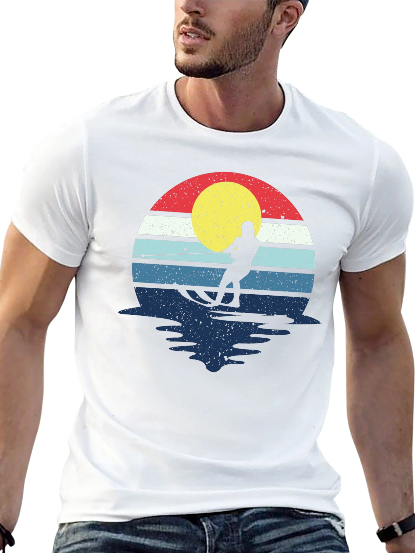 Black Retro Water Skiing T-Shirt - Vintage Sunset Design view 13