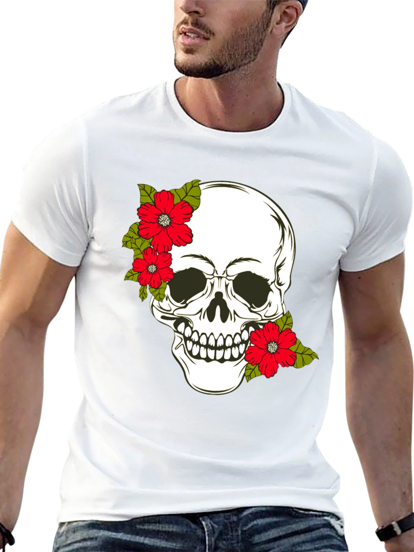 Black Skull & Floral Graphic Print Tee view 13