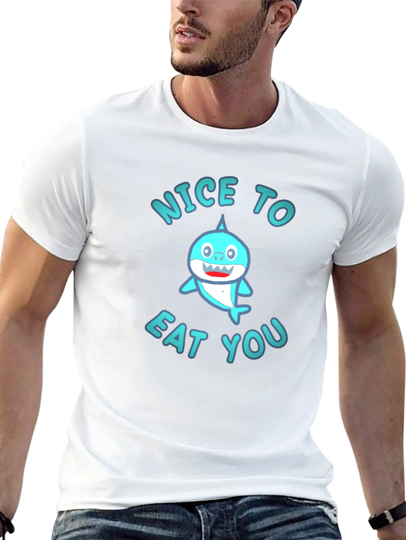 Black Funny Shark Graphic Tee - "Nice to Eat You" Black T-Shirt view 13