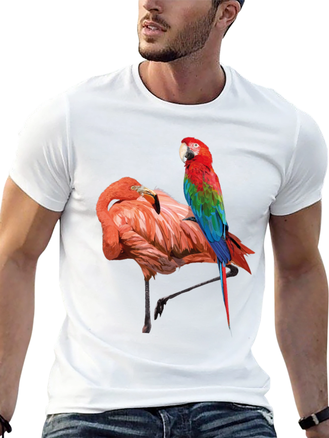 Flamingo Parrot Graphic Tee - Men's Black T-Shirt - 13