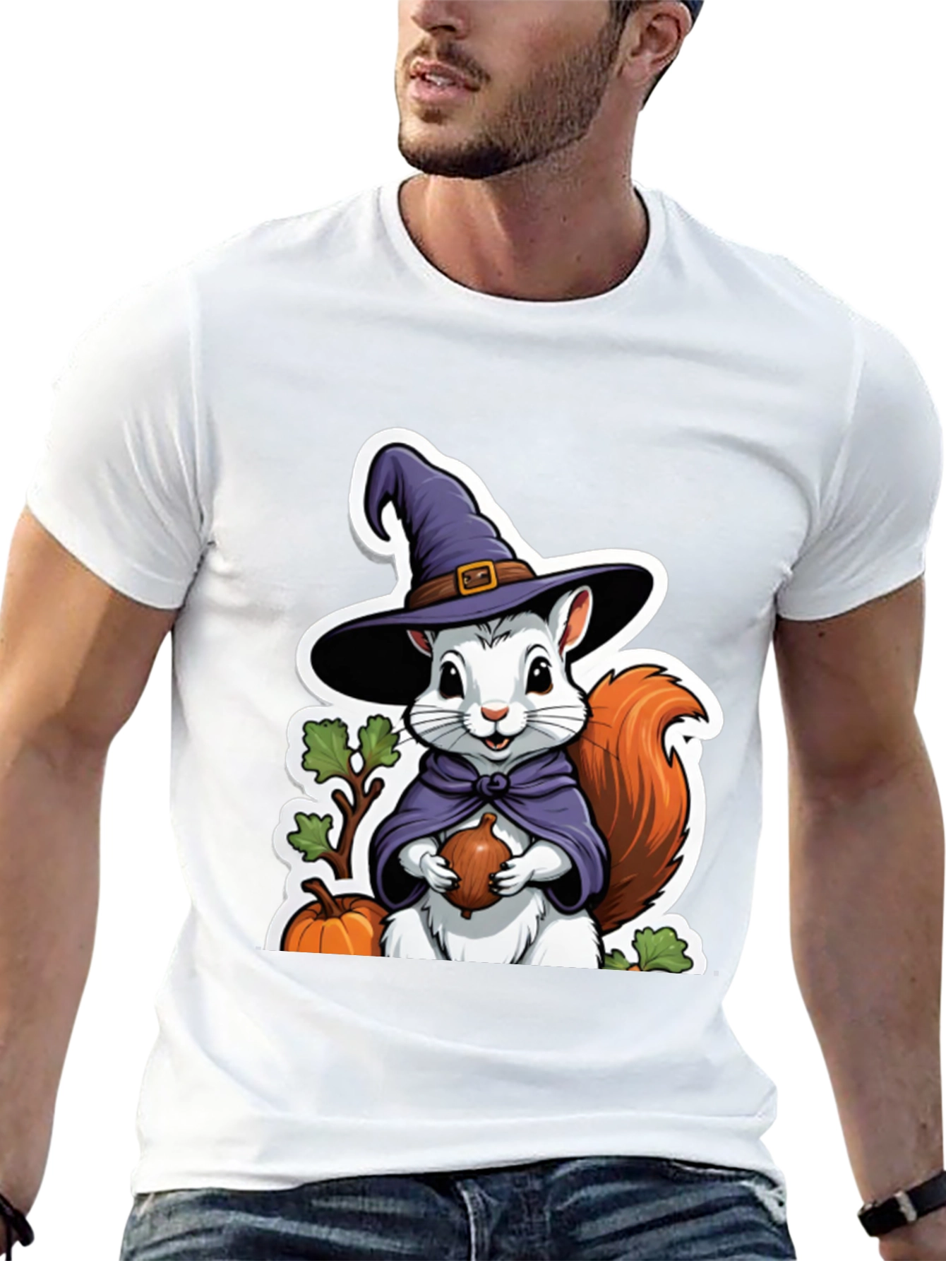 Black Whimsical Squirrel Witch T-Shirt view 13