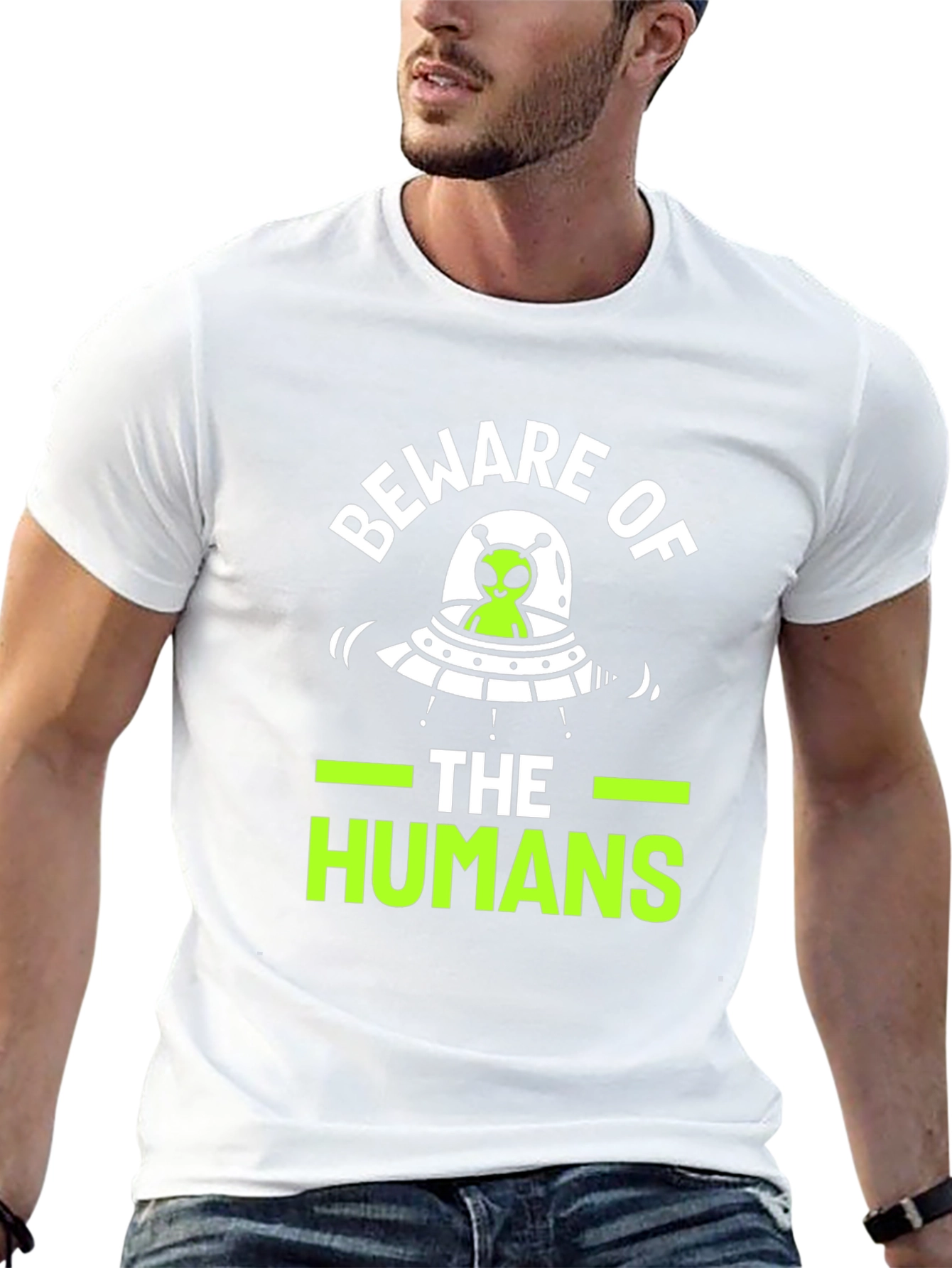 Black Beware of The Humans Alien UFO Graphic T-Shirt view 13