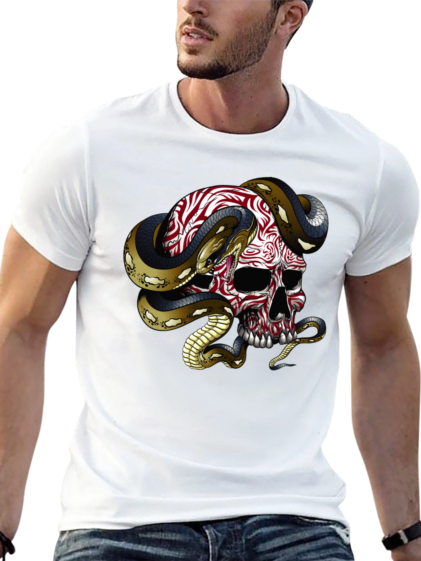 Black Skull & Snake Graphic Tee - Men's Black Cotton T-Shirt view 13