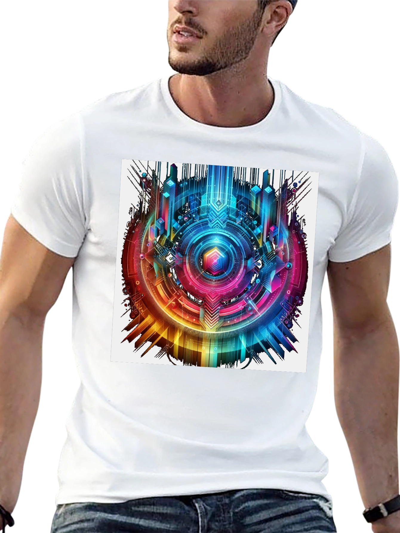 Black Abstract Geometric Rainbow Circle Graphic T-Shirt view 13