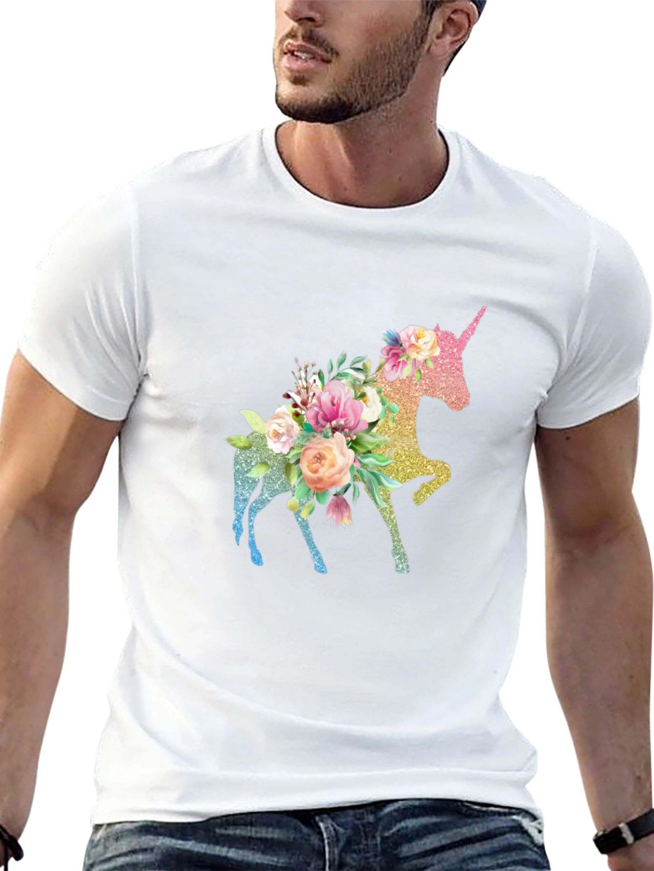 Floral Unicorn Black T-Shirt - Magical Graphic Tee - 13