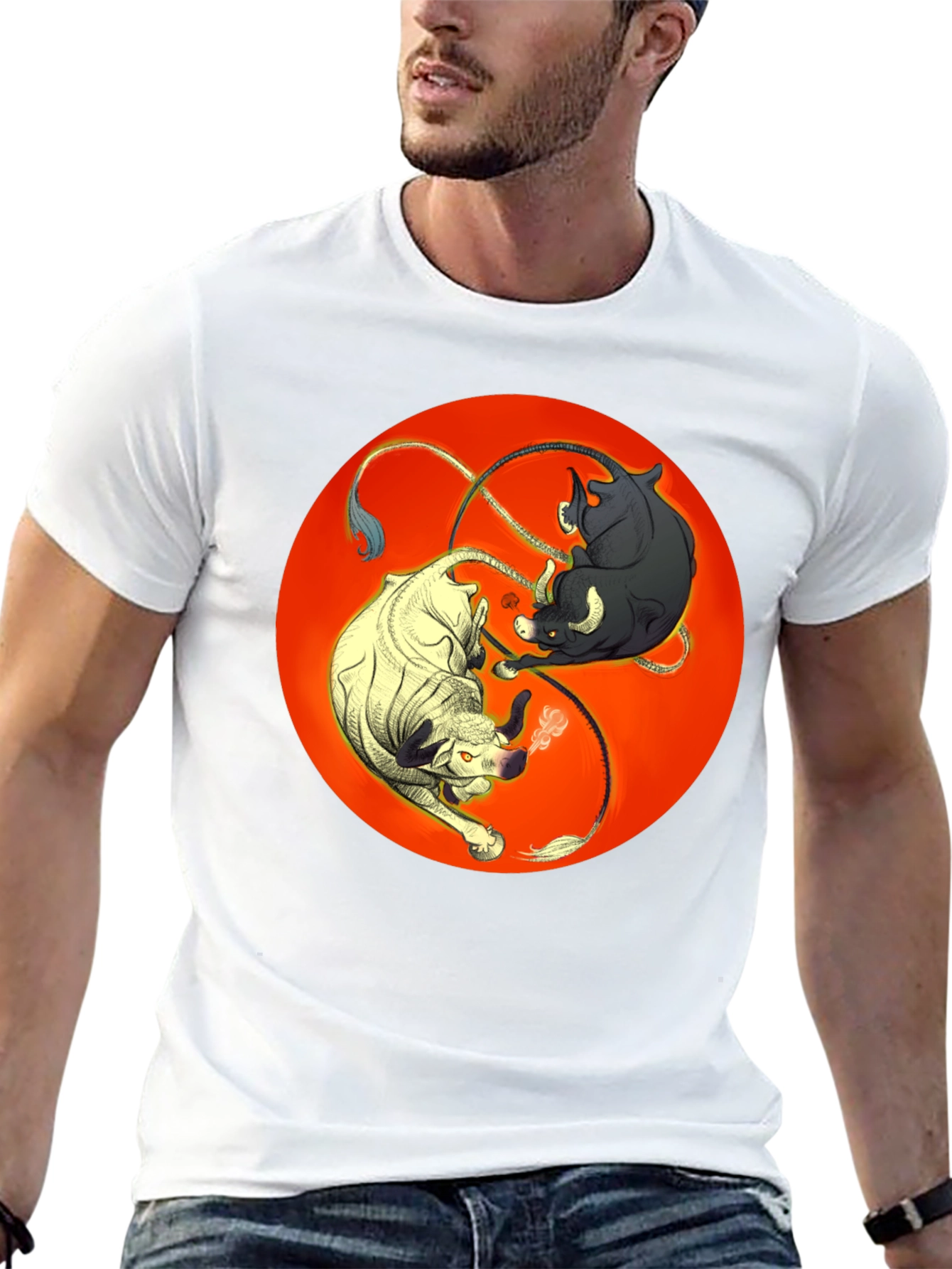 Black Yin Yang Bulls Graphic Tee - Unique Black T-Shirt view 13
