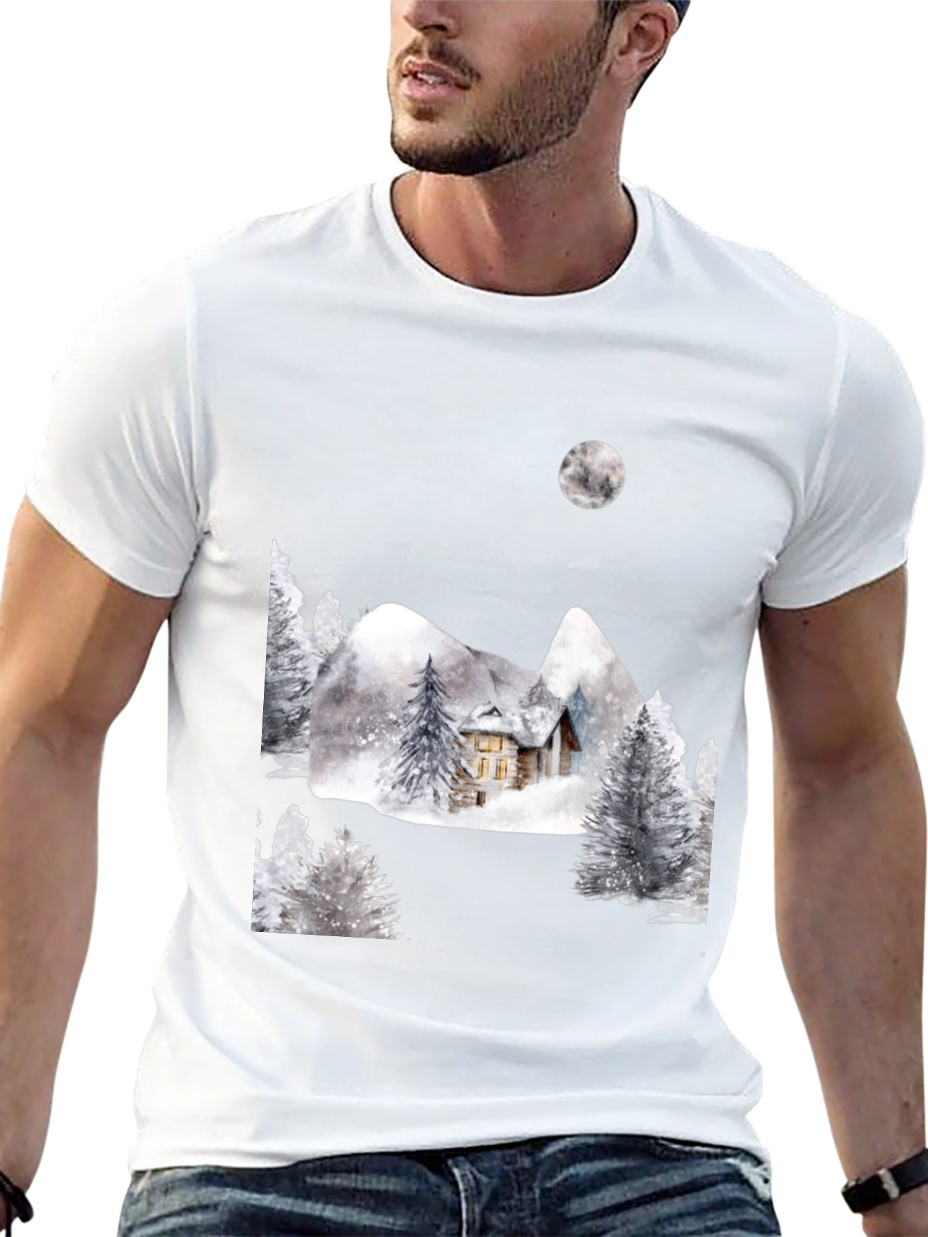 Black Winter Cabin Scene Black T-Shirt view 13