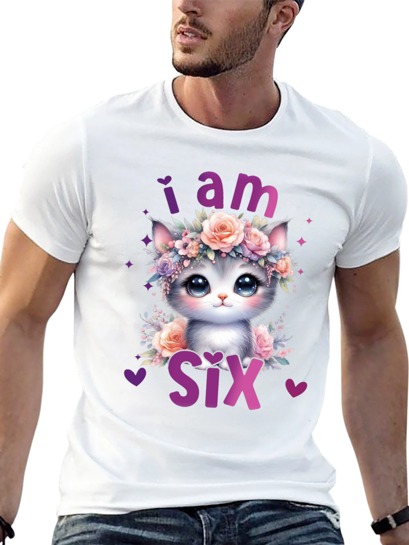Black Cute Cat "I am Six" Birthday T-Shirt view 13
