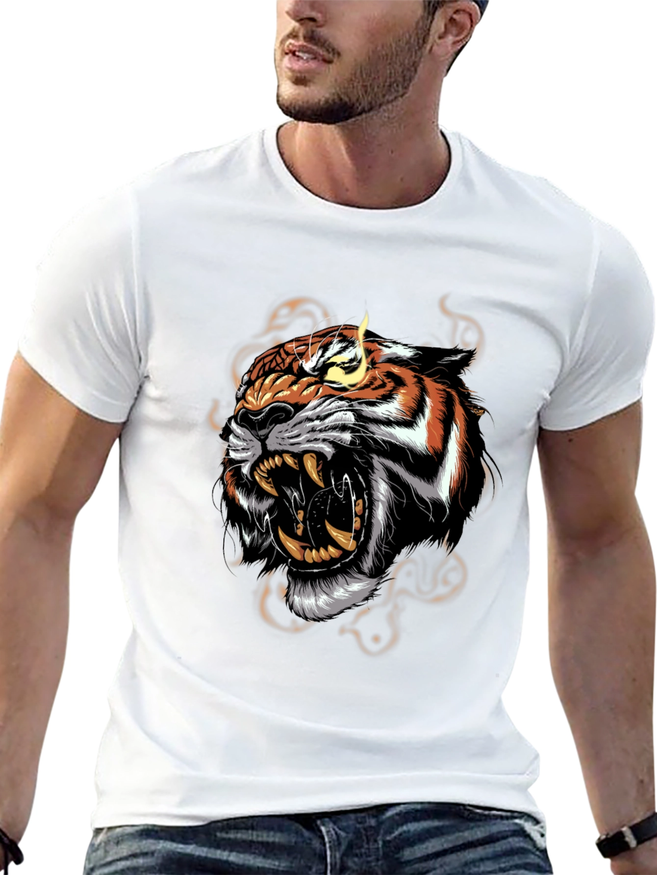 Black Men's Black T-Shirt with Roaring Tiger Graphic view 13