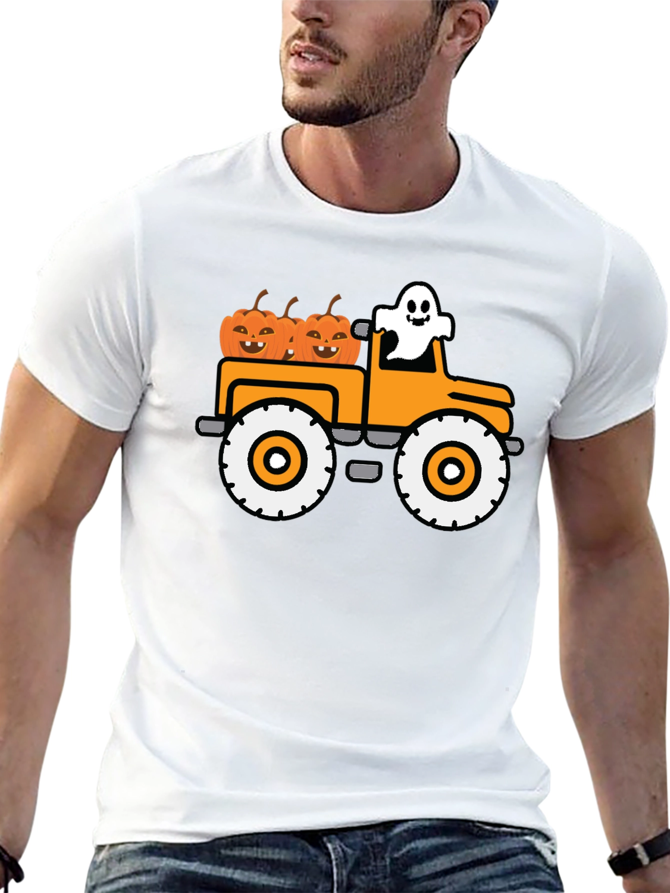 Black Halloween Ghost Pumpkin Truck T-Shirt view 13
