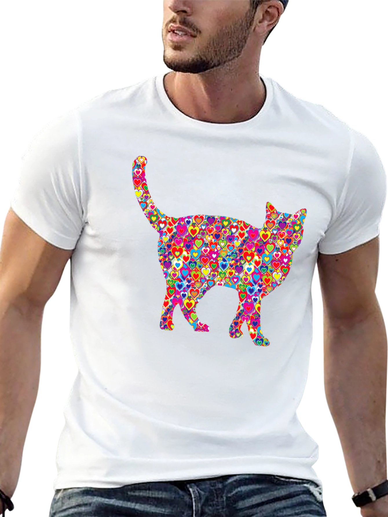 Black Colorful Heart Cat Graphic T-Shirt view 13