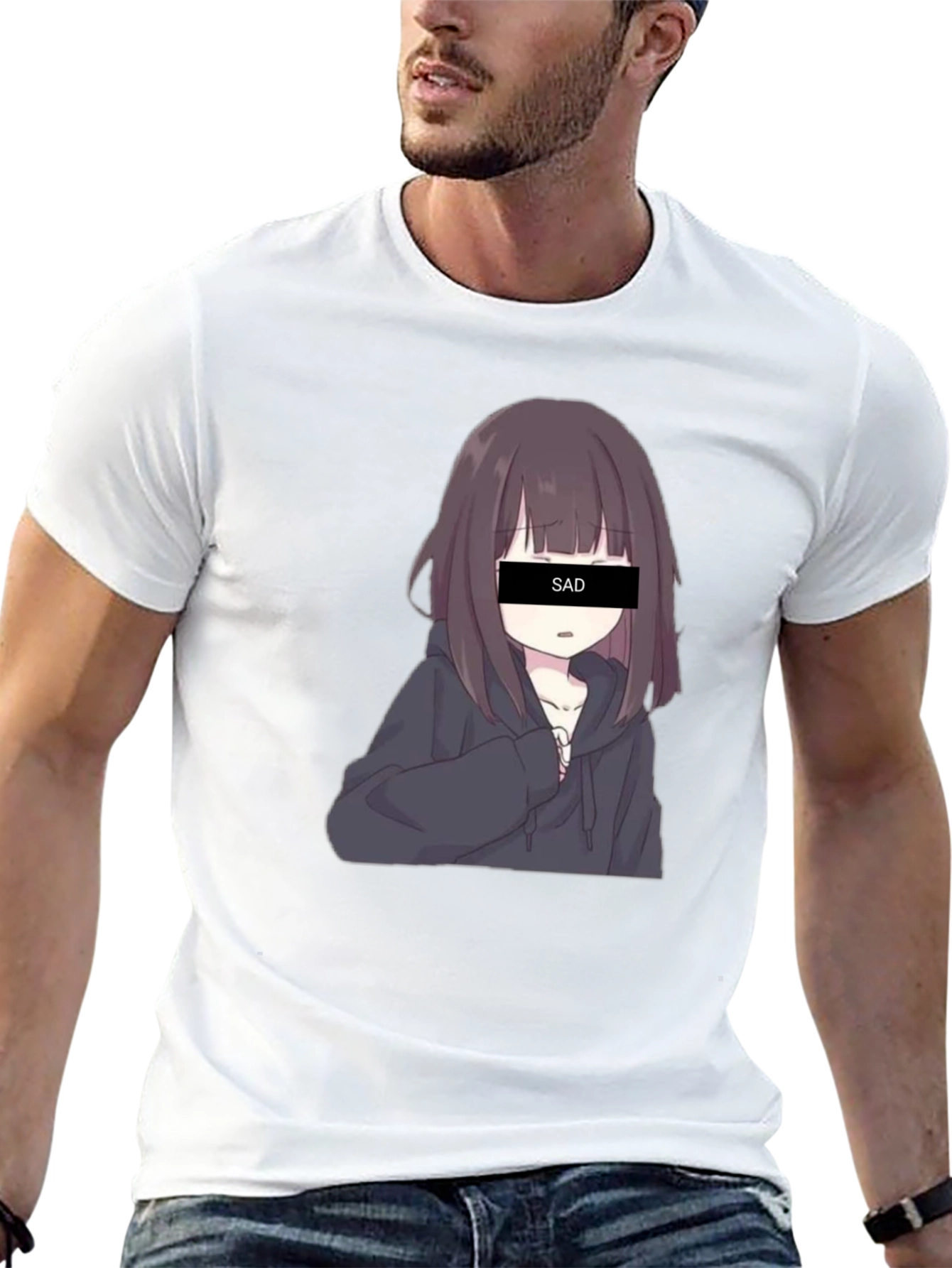 Black Anime Sad Girl Graphic Print Black T-Shirt view 13