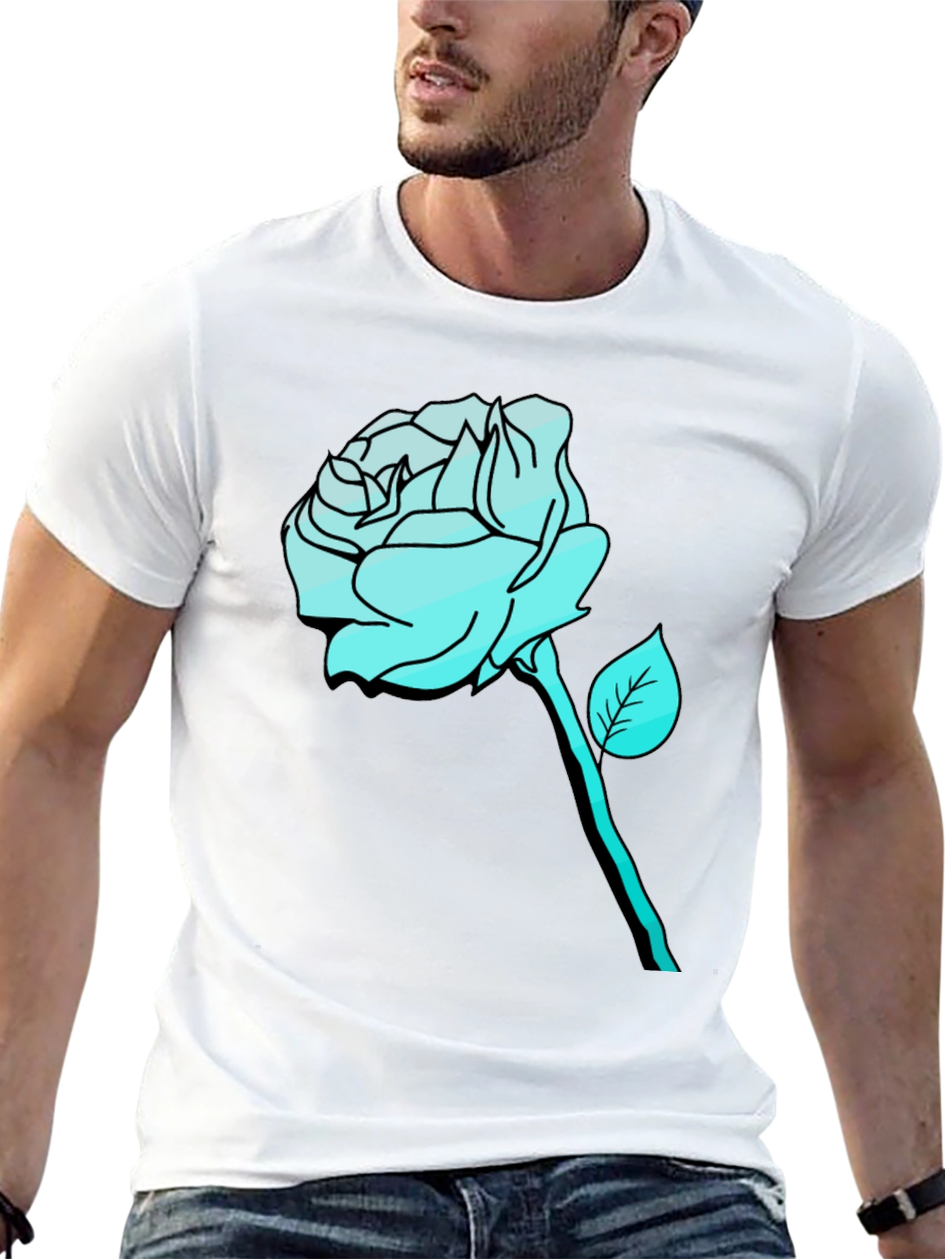 Black Men's Black T-Shirt with Aqua Rose Graphic view 13