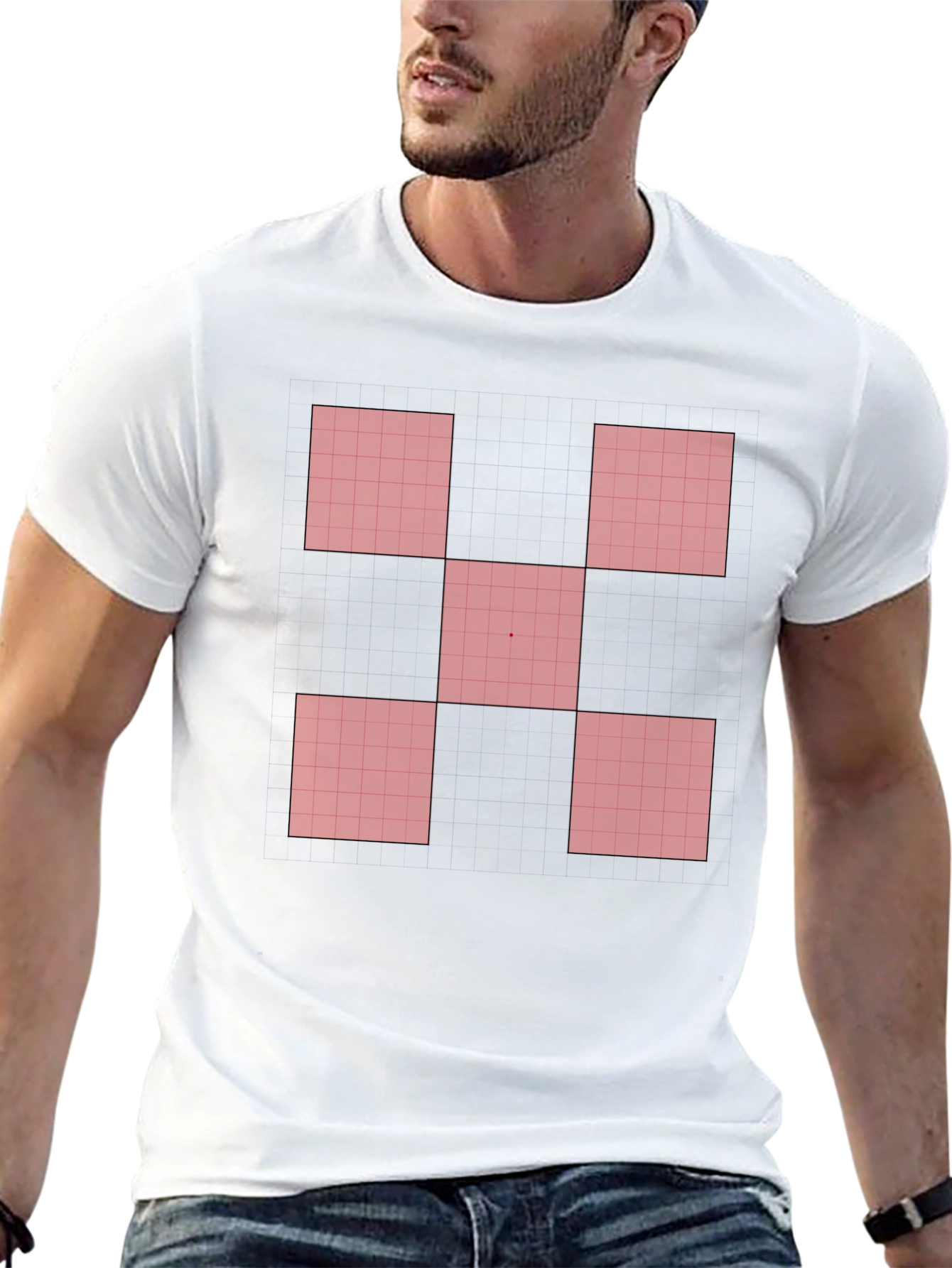 Black Geometric Red Square Pattern Black T-Shirt view 13