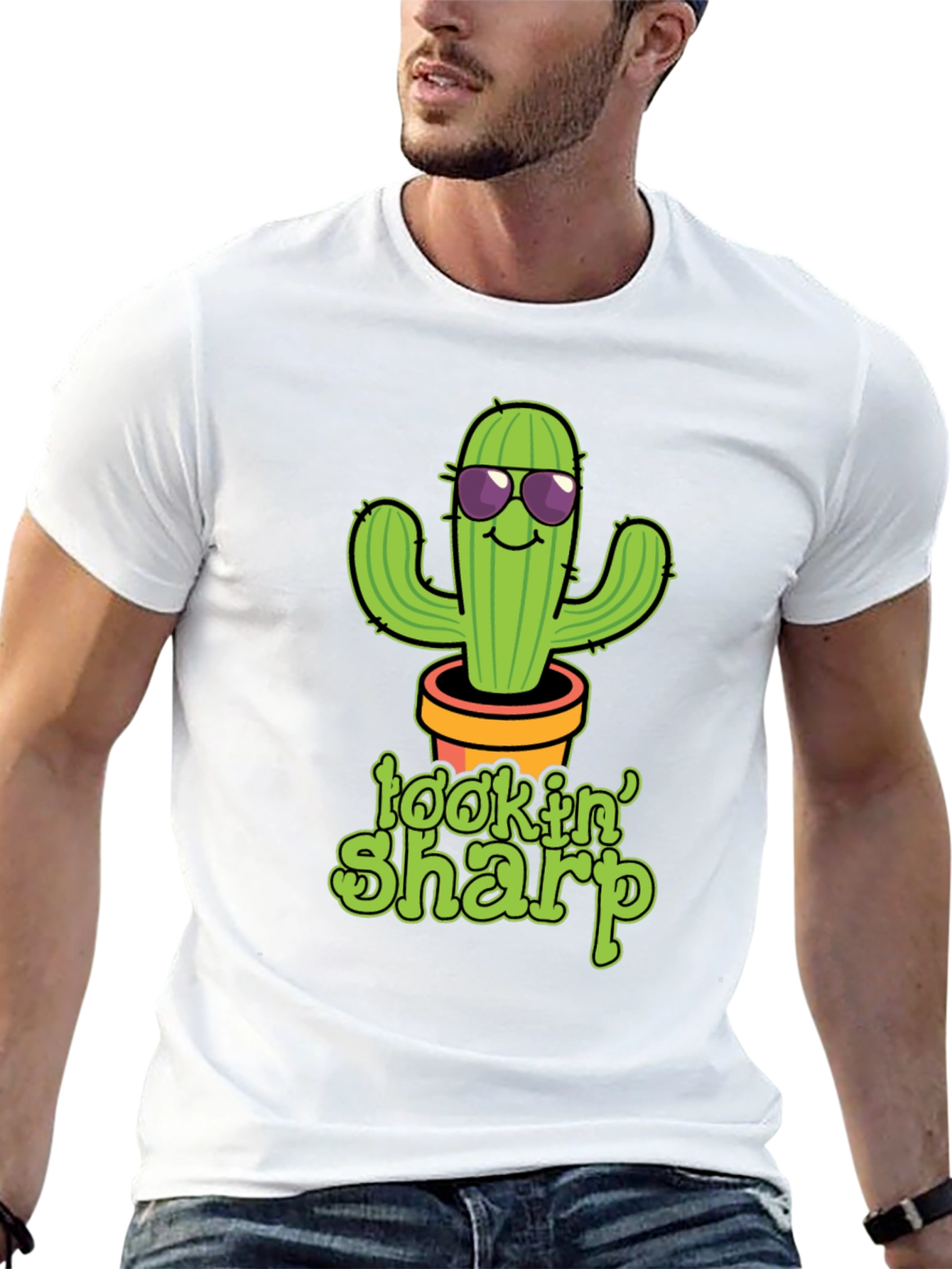 Black Lookin' Sharp Cactus Graphic T-Shirt - Funny Potted Plant Tee view 13