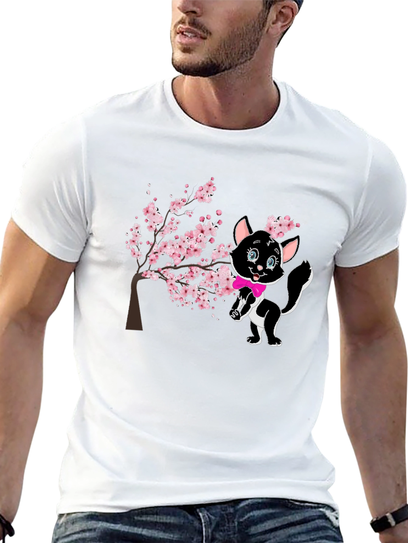 Black Cute Cat & Cherry Blossom Black T-Shirt view 13
