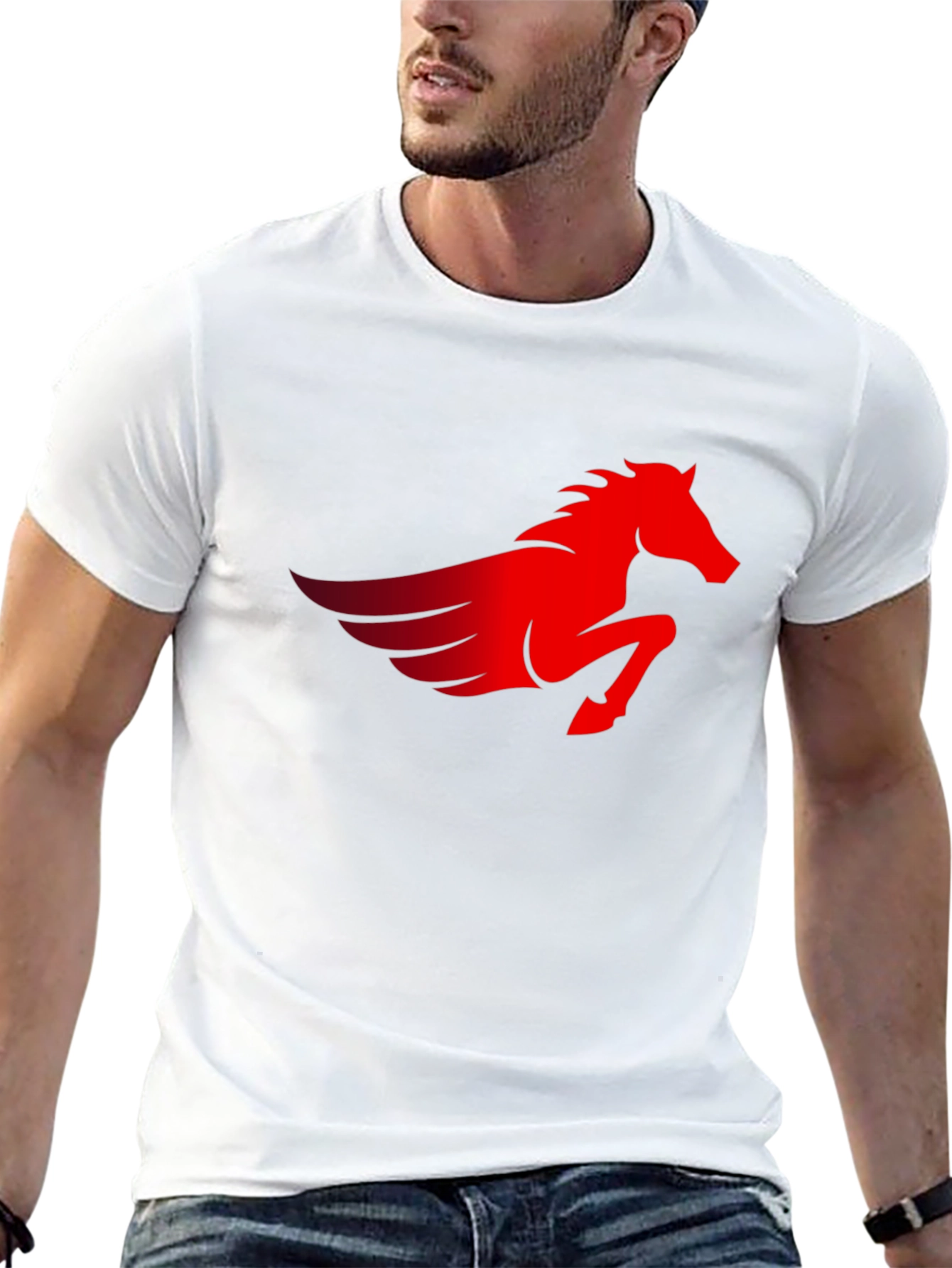Black Men's Black T-Shirt with Red Pegasus Graphic view 13