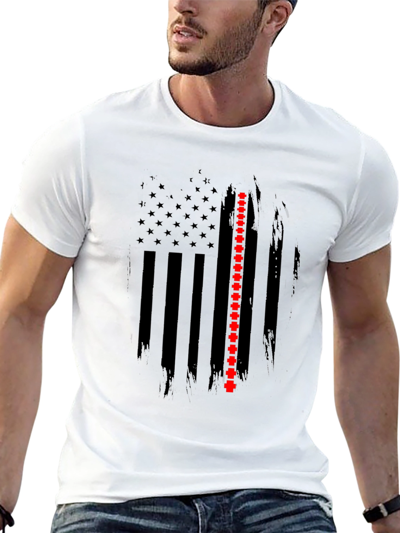 Black Thin Red Line Flag Graphic T-Shirt view 13